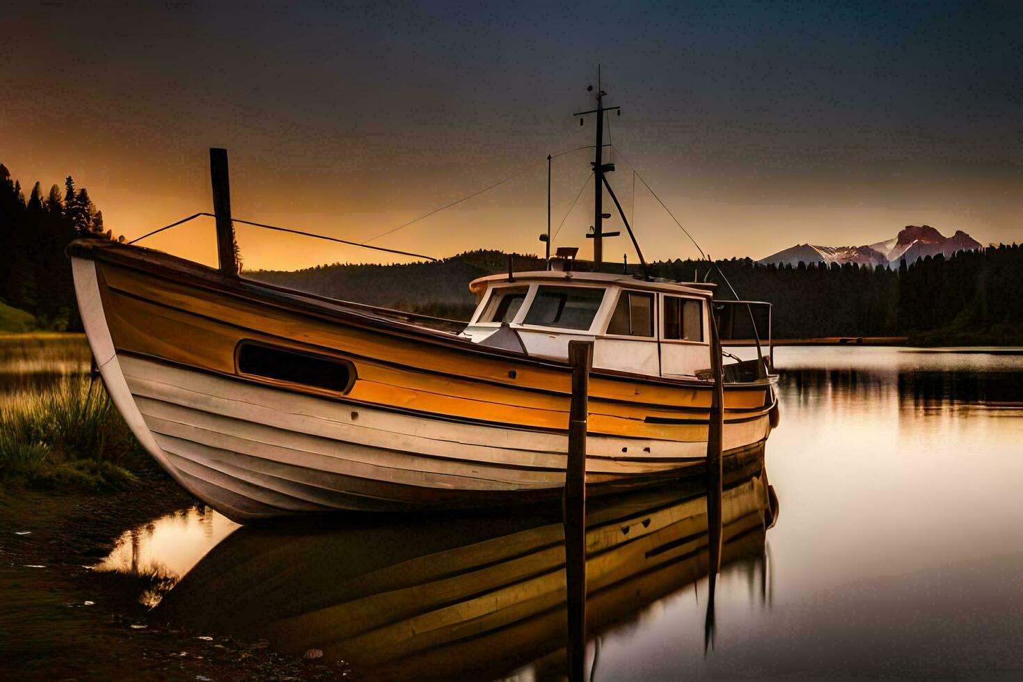 a boat sits on the shore at sunset. AI-Generated photo