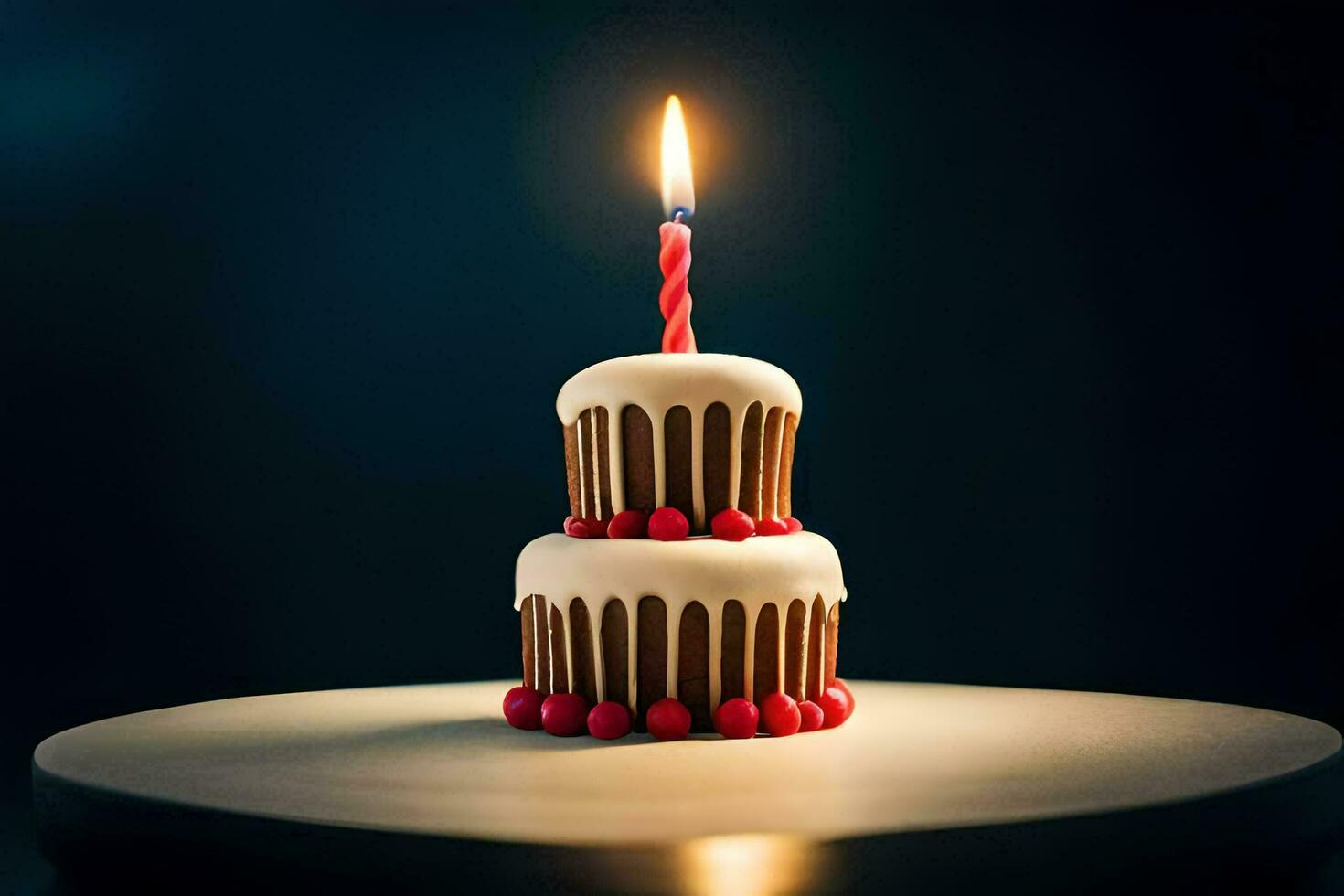 a small birthday cake with a lit candle. AI-Generated photo