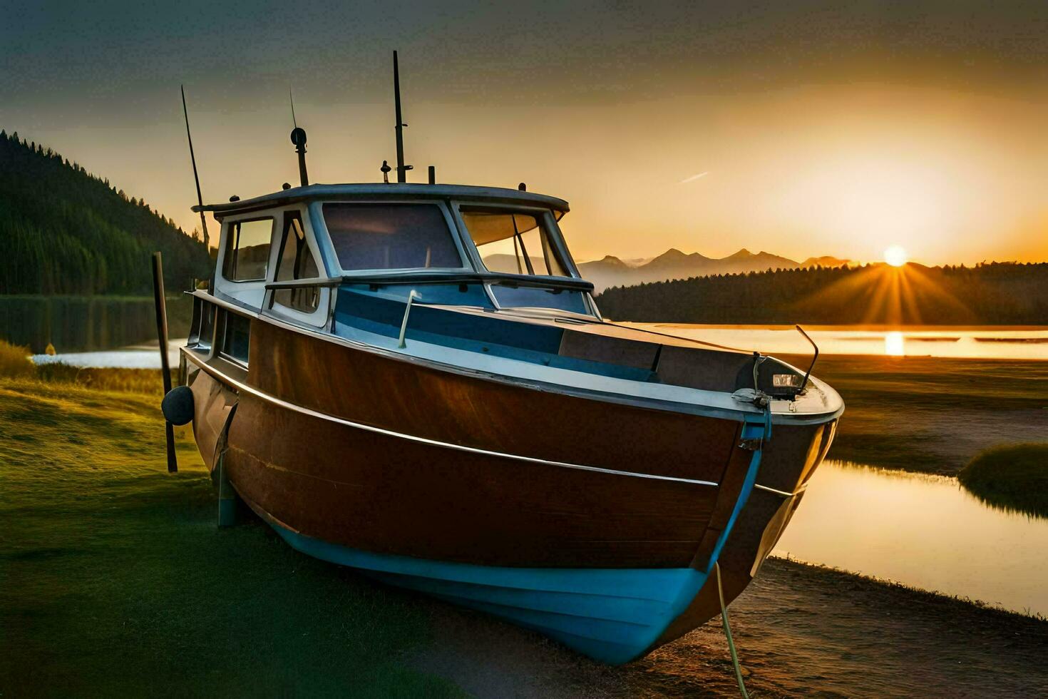 a boat sits on the shore of a lake at sunset. AI-Generated photo