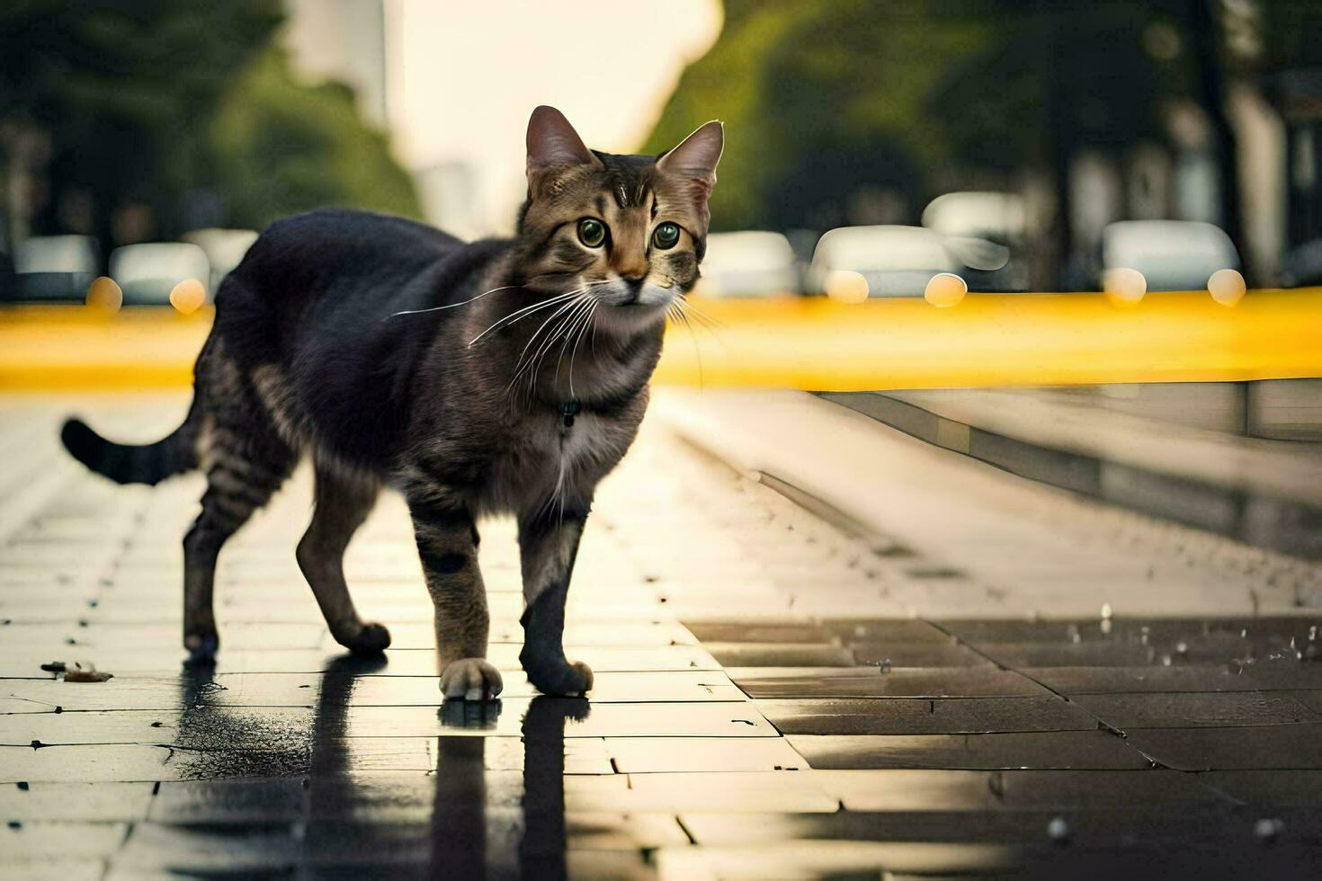 a cat walking on a wet street in the rain. AI-Generated photo