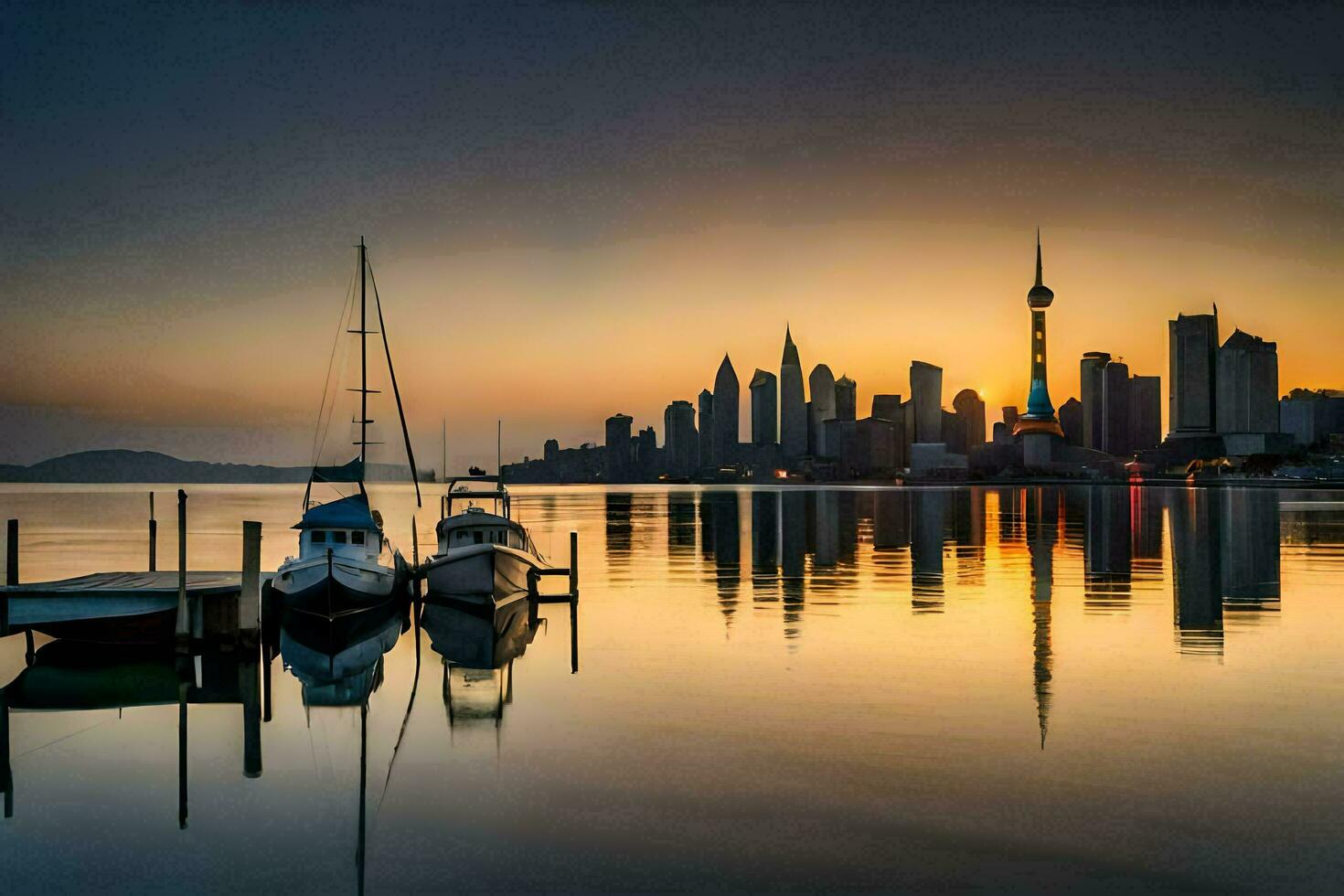 el ciudad horizonte es reflejado en el agua a puesta de sol. generado por ai foto