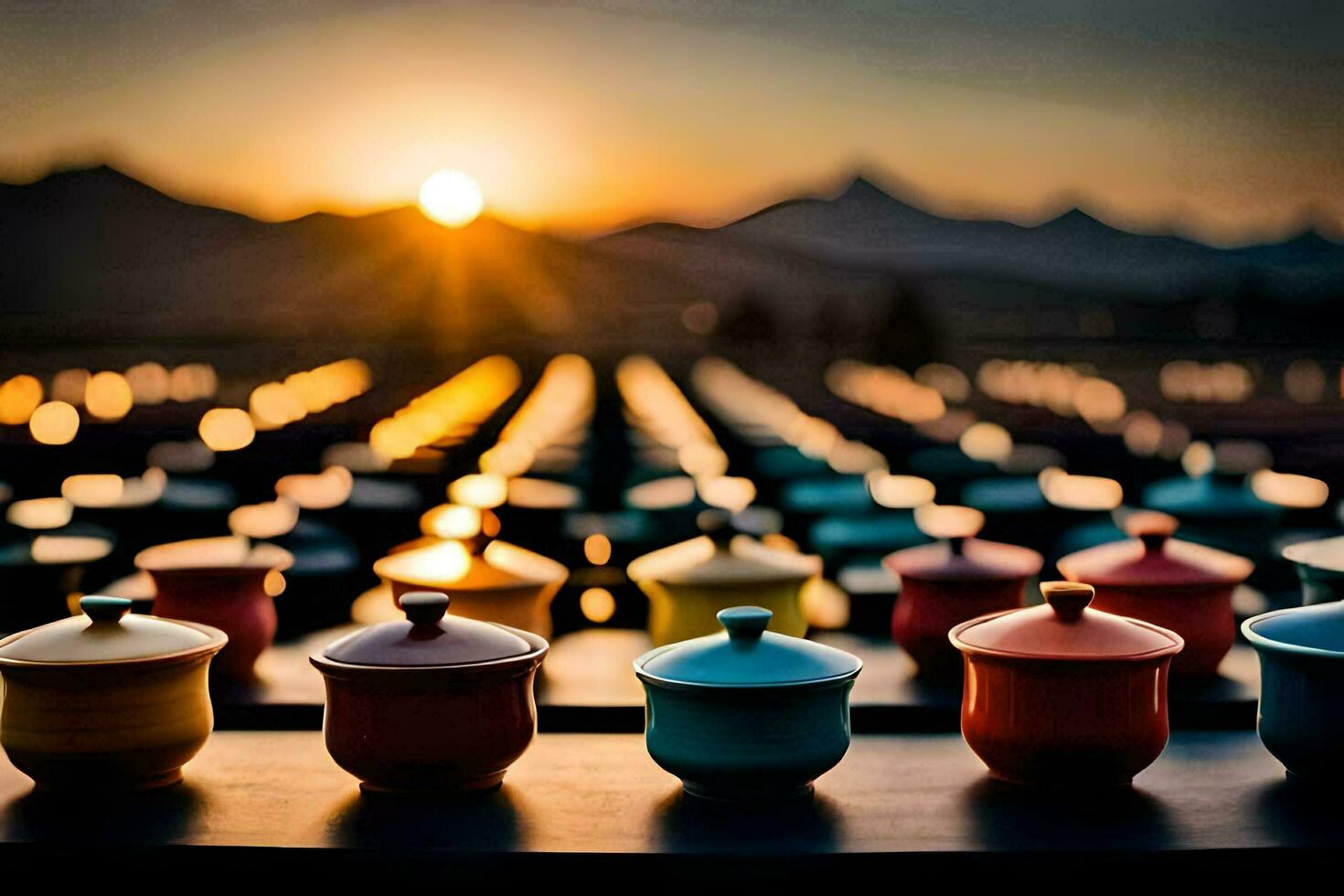 colorful tea pots are lined up in front of a mountain. AI-Generated photo