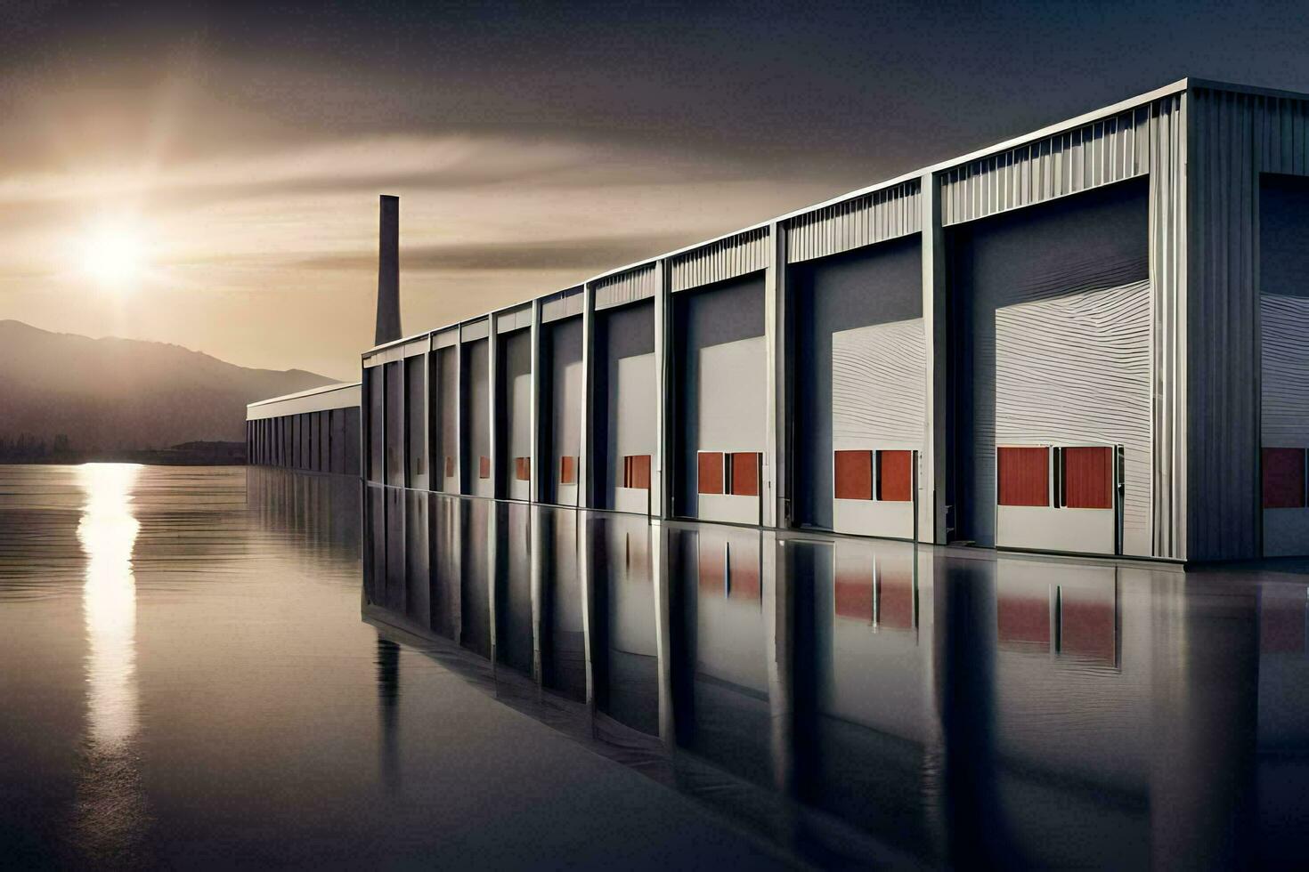 a large industrial building with a large garage door. AI-Generated photo