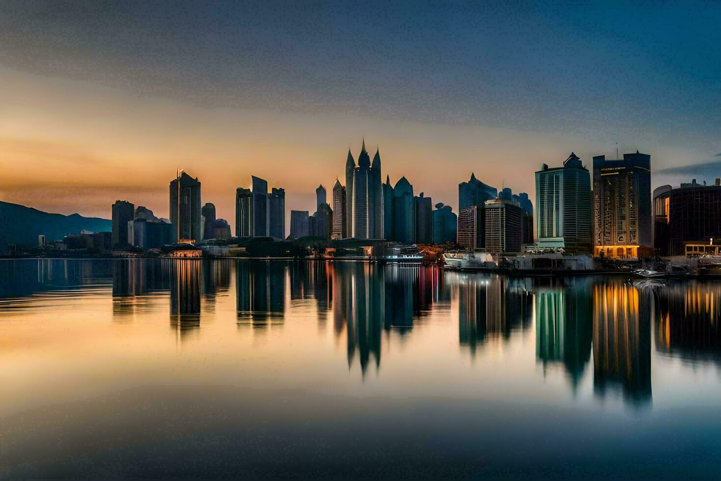 the city skyline is reflected in the water at sunset. AI-Generated photo