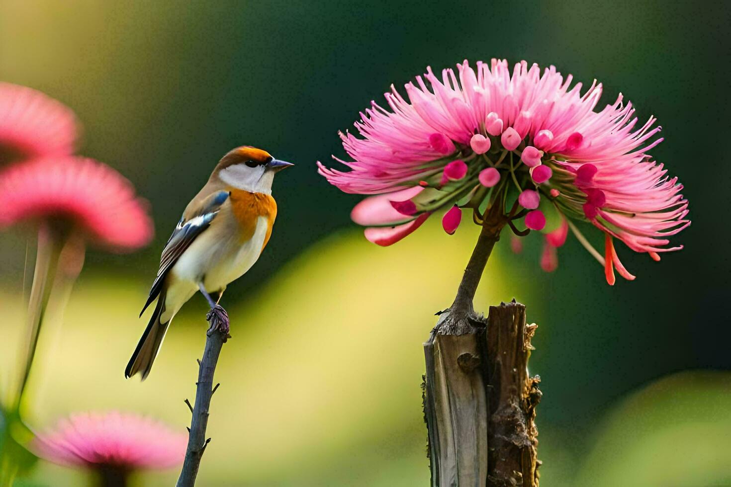 a bird is perched on a pink flower. AI-Generated photo