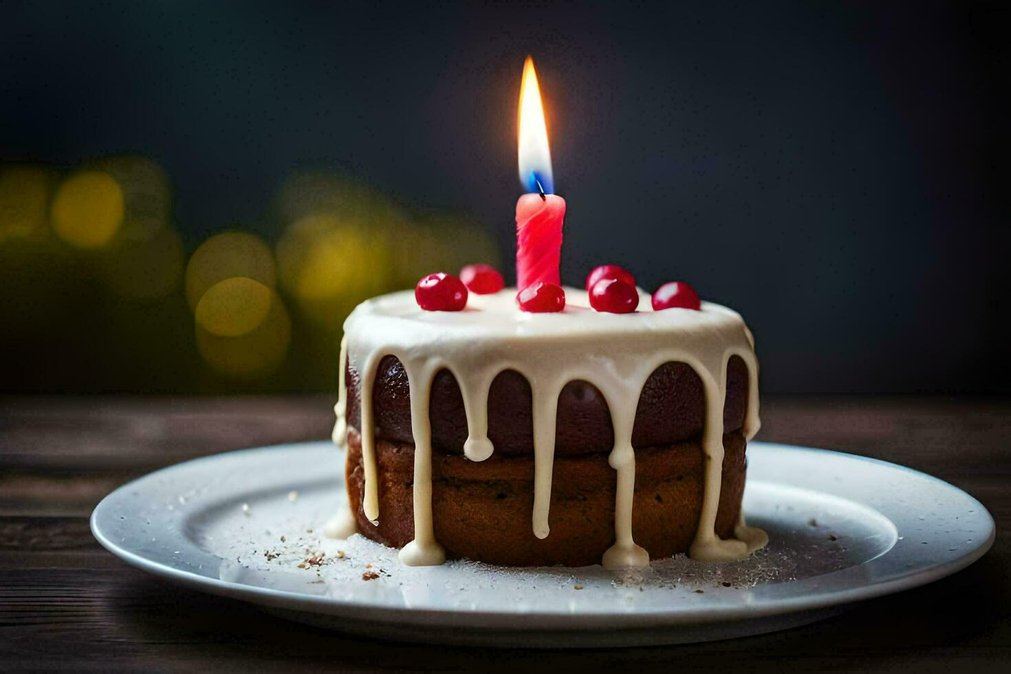 a small cake with a lit candle on top. AI-Generated photo