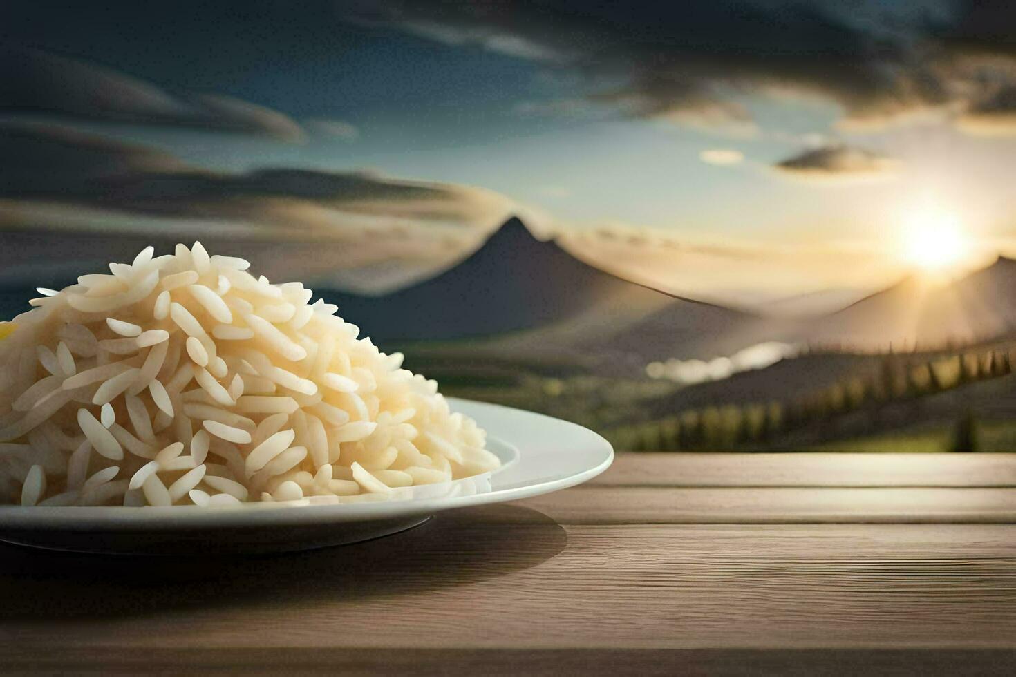 a plate of rice on a table in front of a mountain. AI-Generated photo