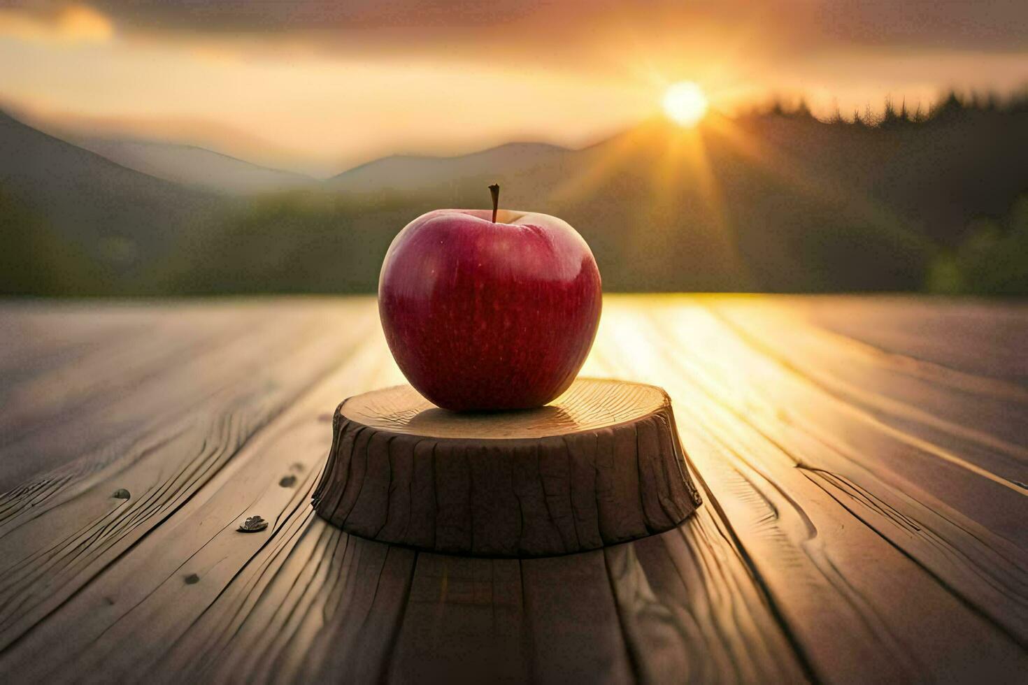 red apple on a wooden table with the sun setting behind it. AI-Generated photo