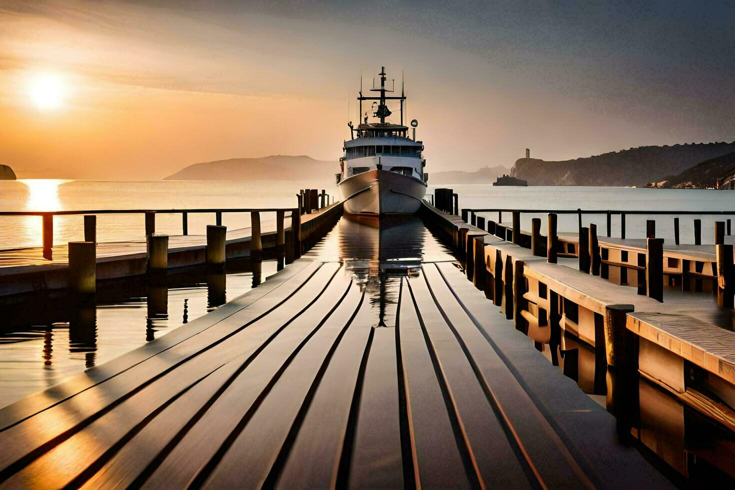 a boat docked at the end of a pier at sunset. AI-Generated photo