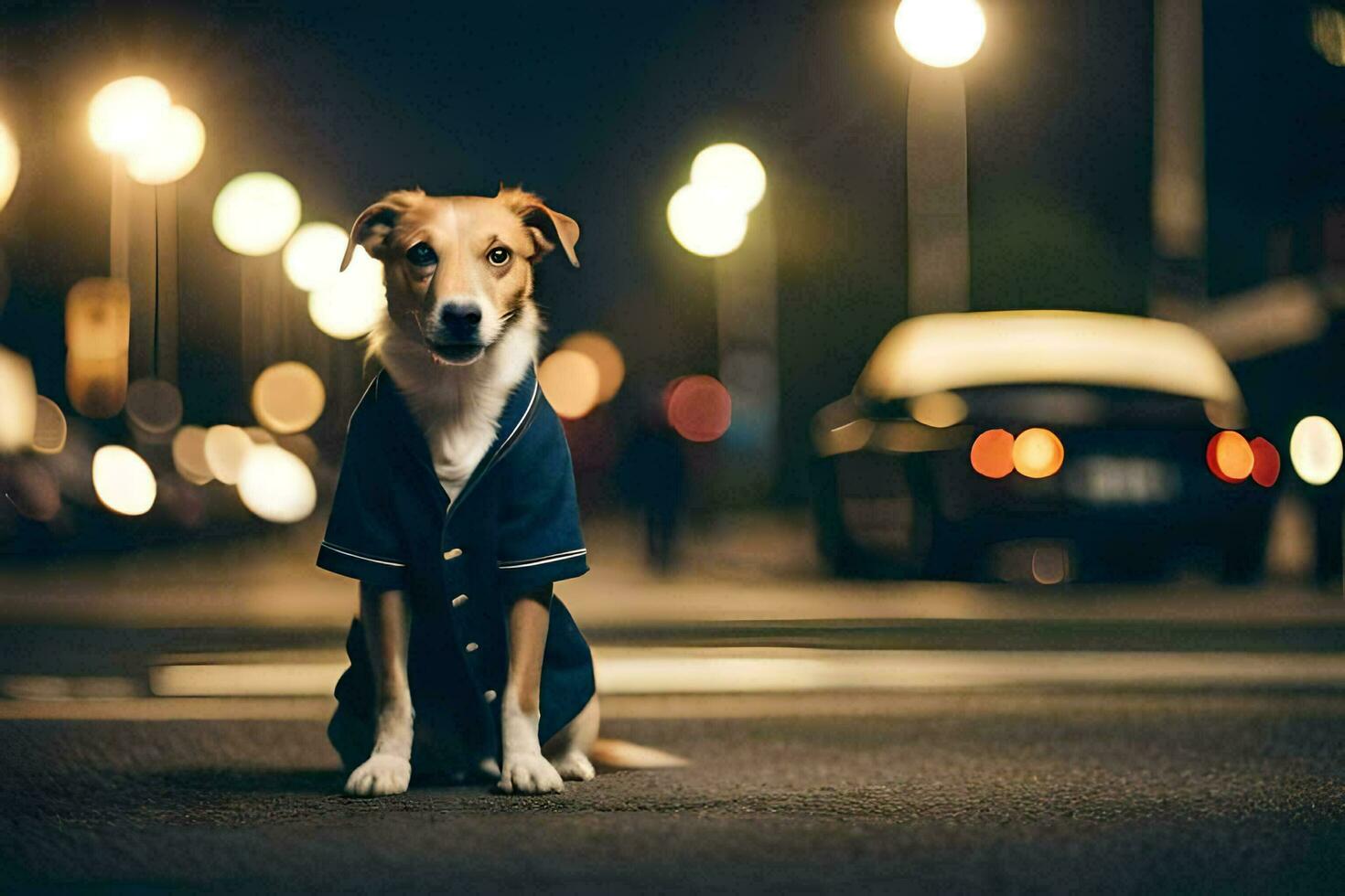 a dog in a blue shirt sitting on the street at night. AI-Generated photo