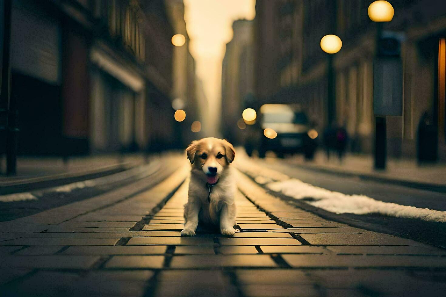 a puppy sits on the street in a city. AI-Generated photo