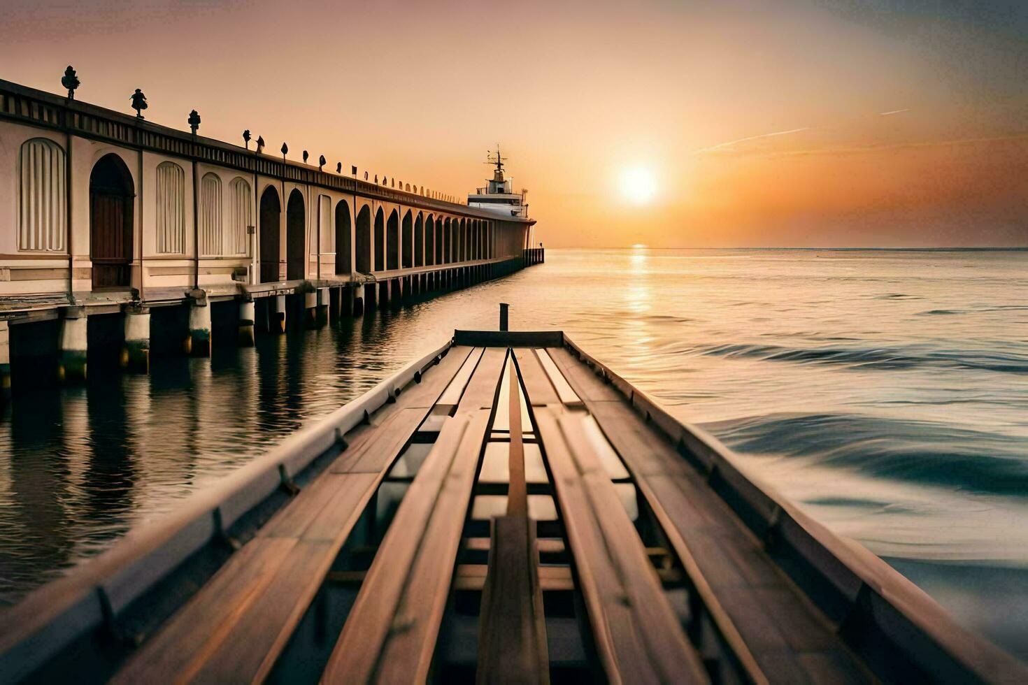 a wooden pier with the sun setting behind it. AI-Generated photo