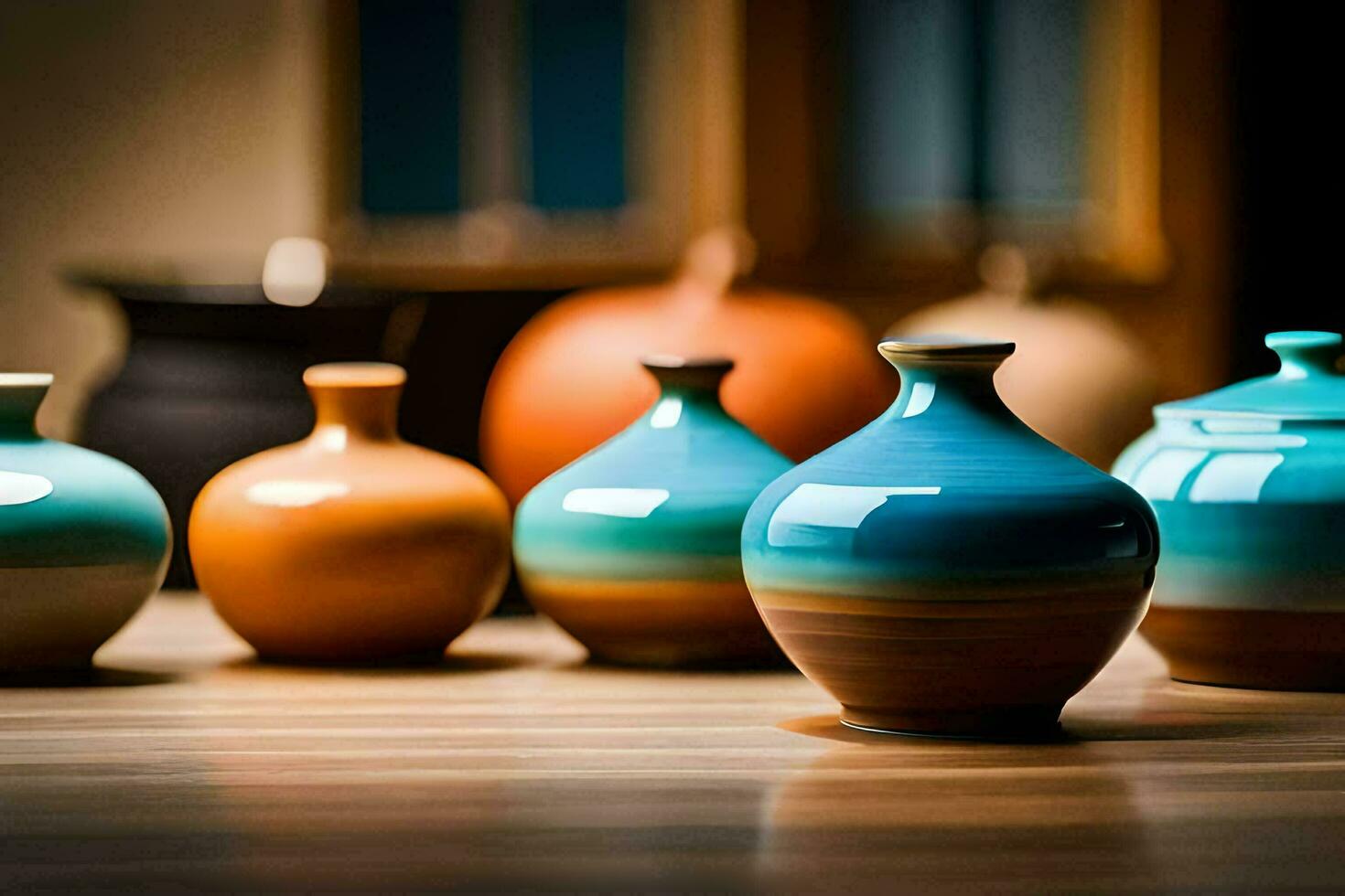 a group of colorful vases sitting on a table. AI-Generated photo
