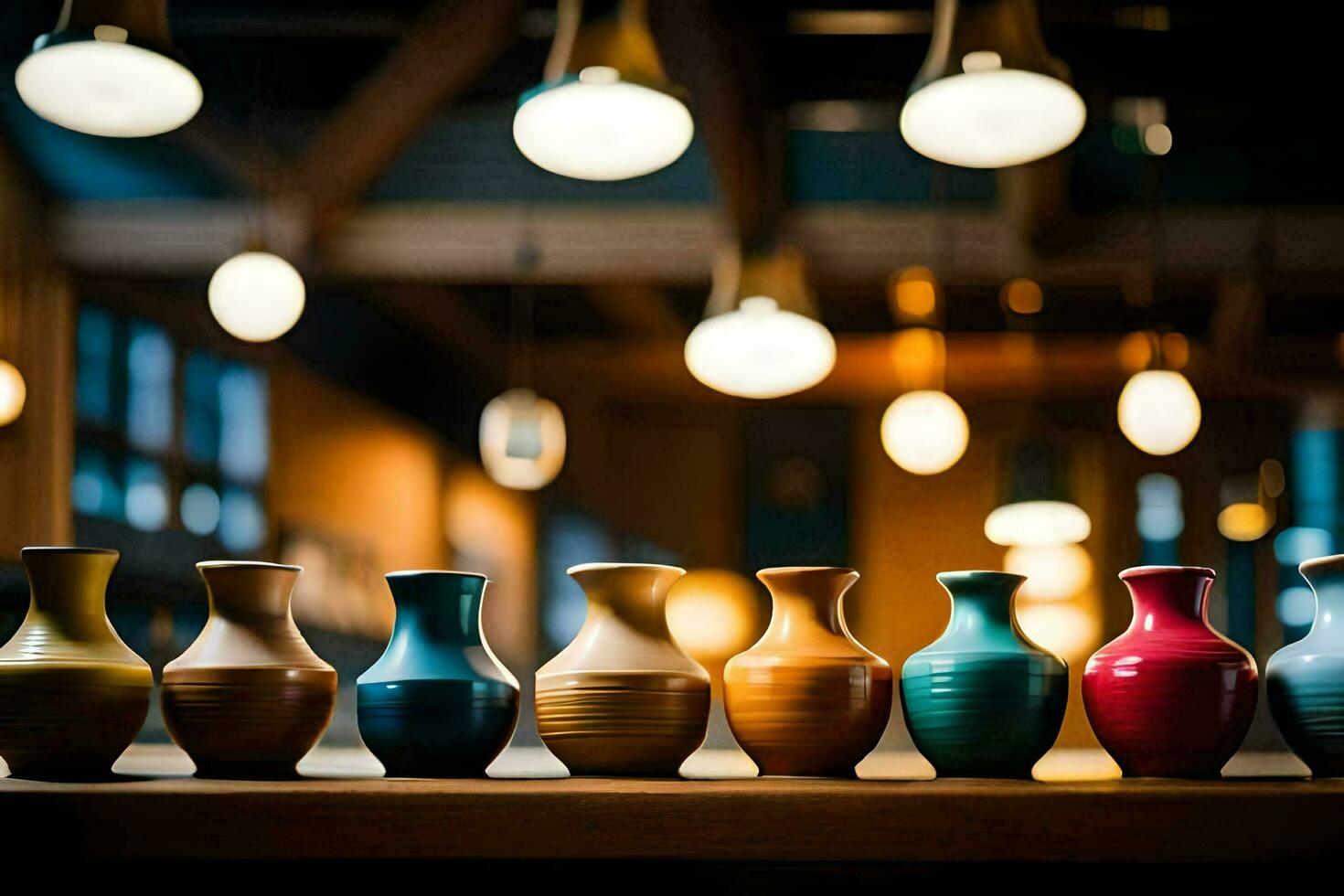 a row of colorful vases on a table. AI-Generated photo