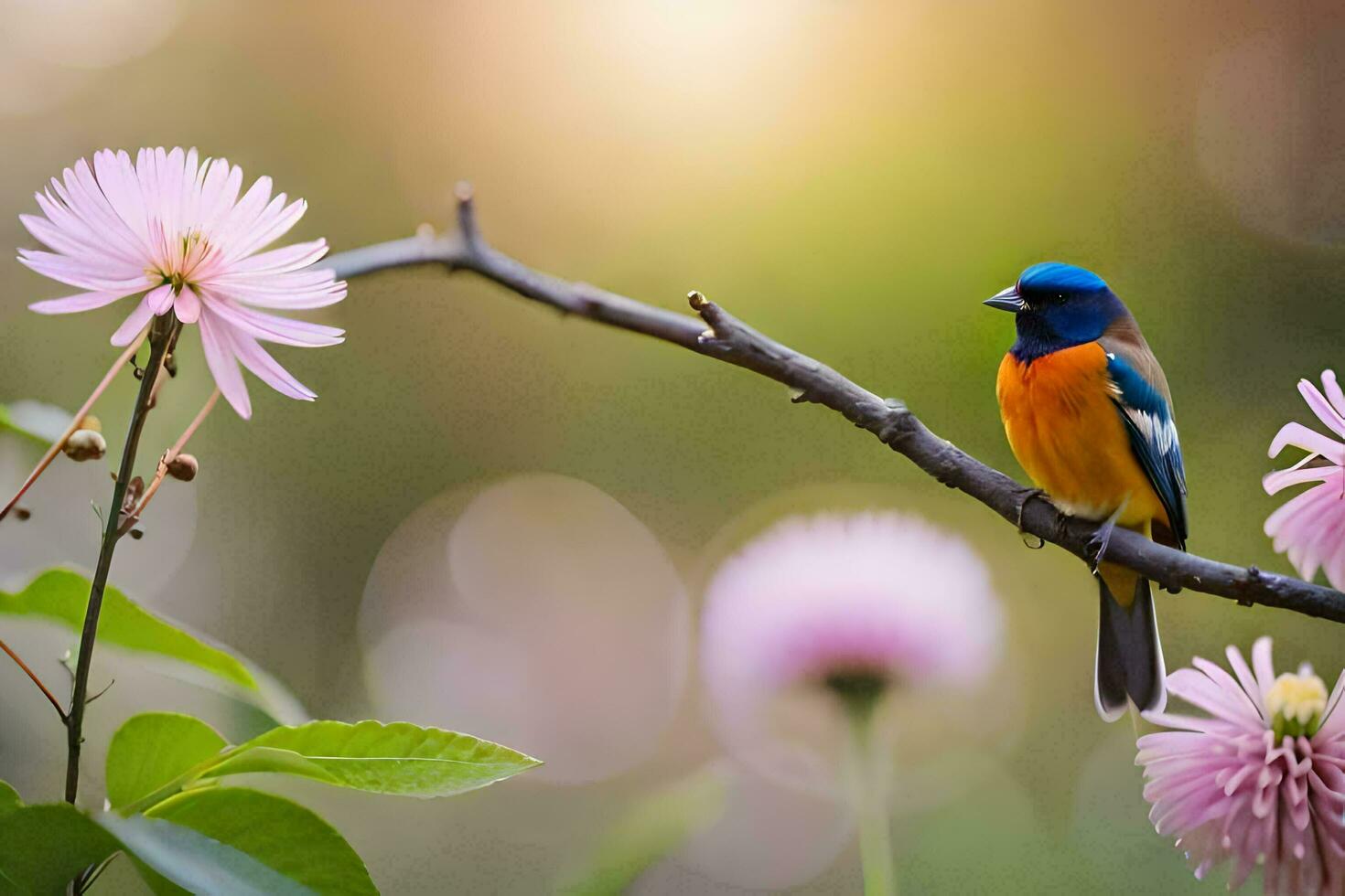 a colorful bird sits on a branch with pink flowers. AI-Generated photo