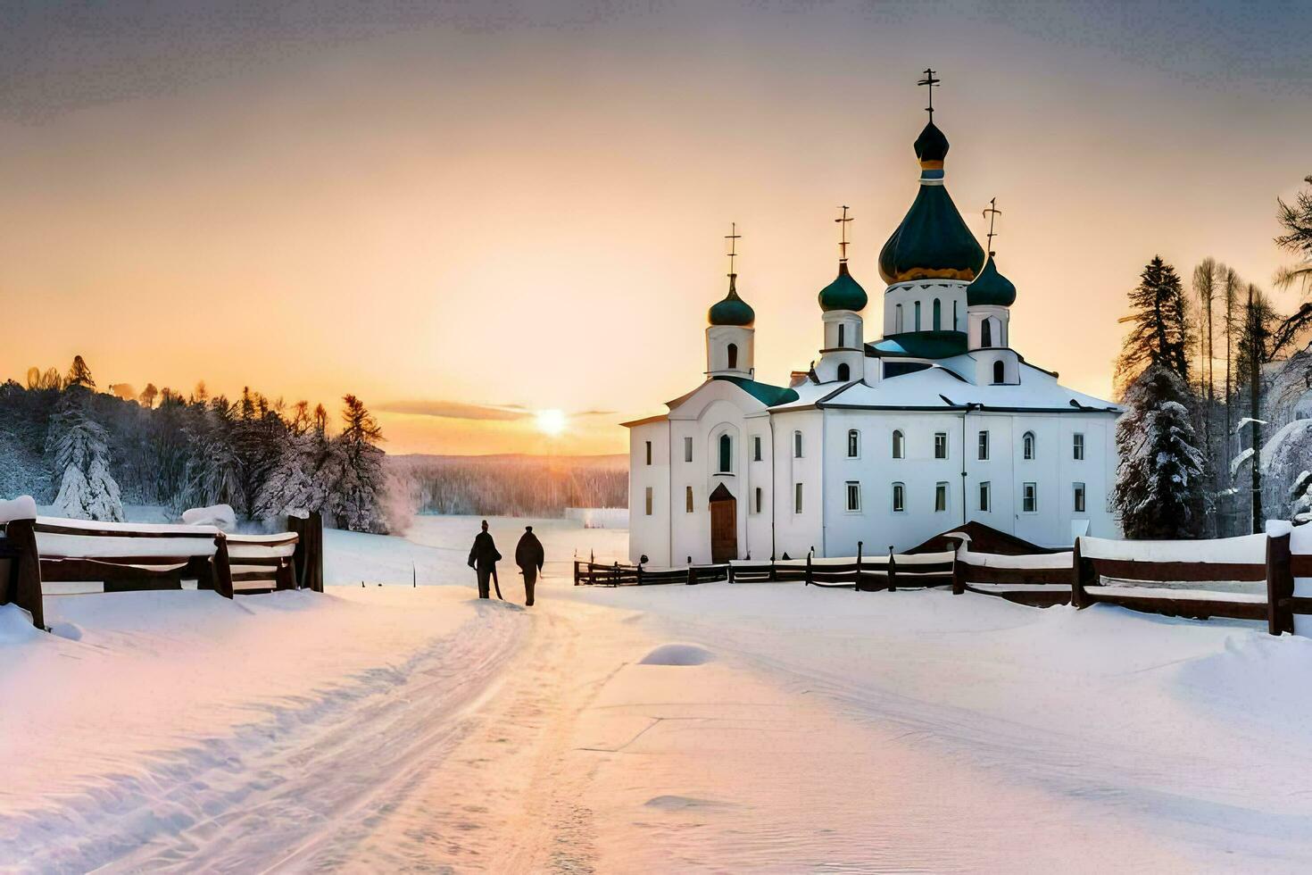 a church in the snow with two people walking in front. AI-Generated photo