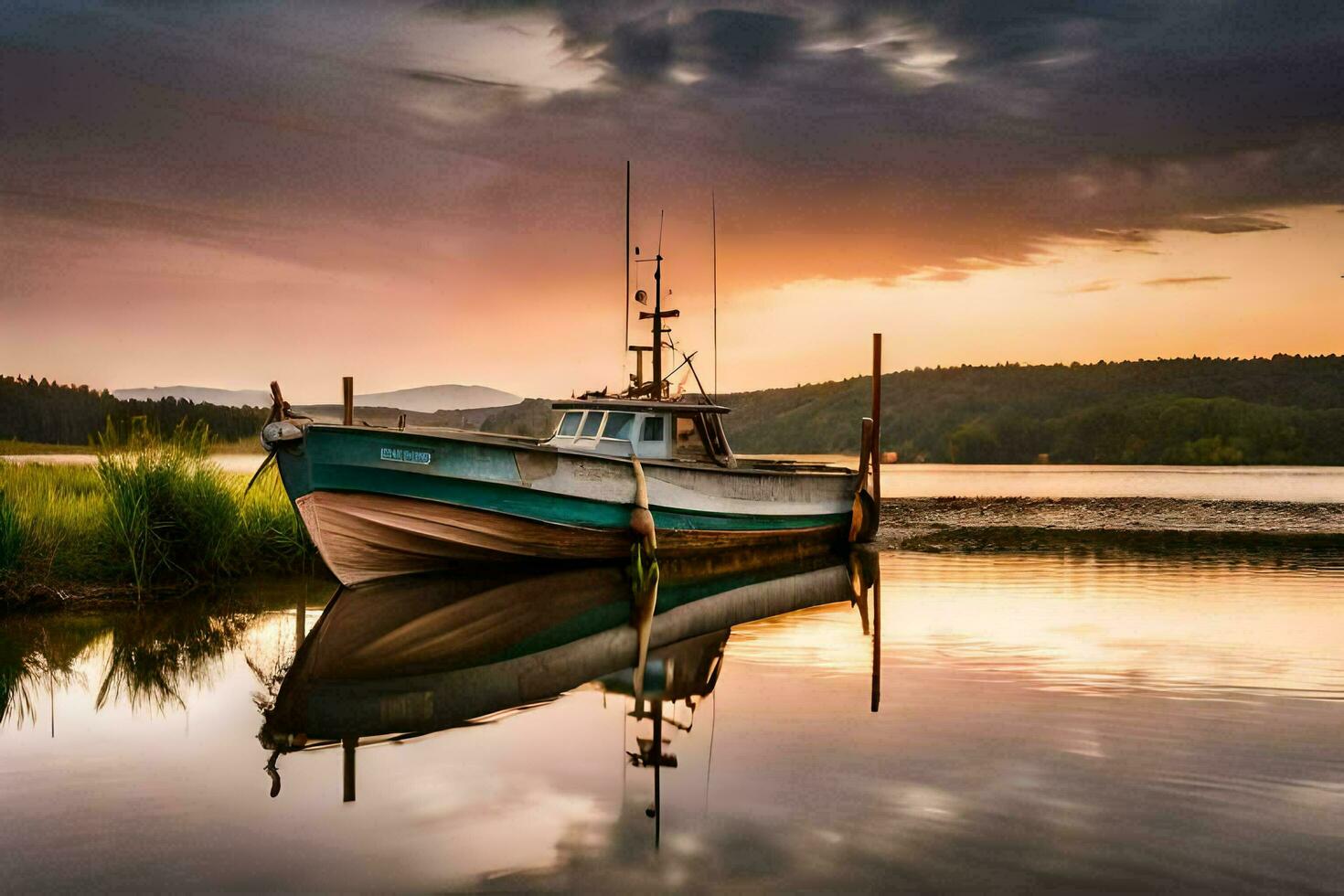 a boat sits on the shore at sunset. AI-Generated photo