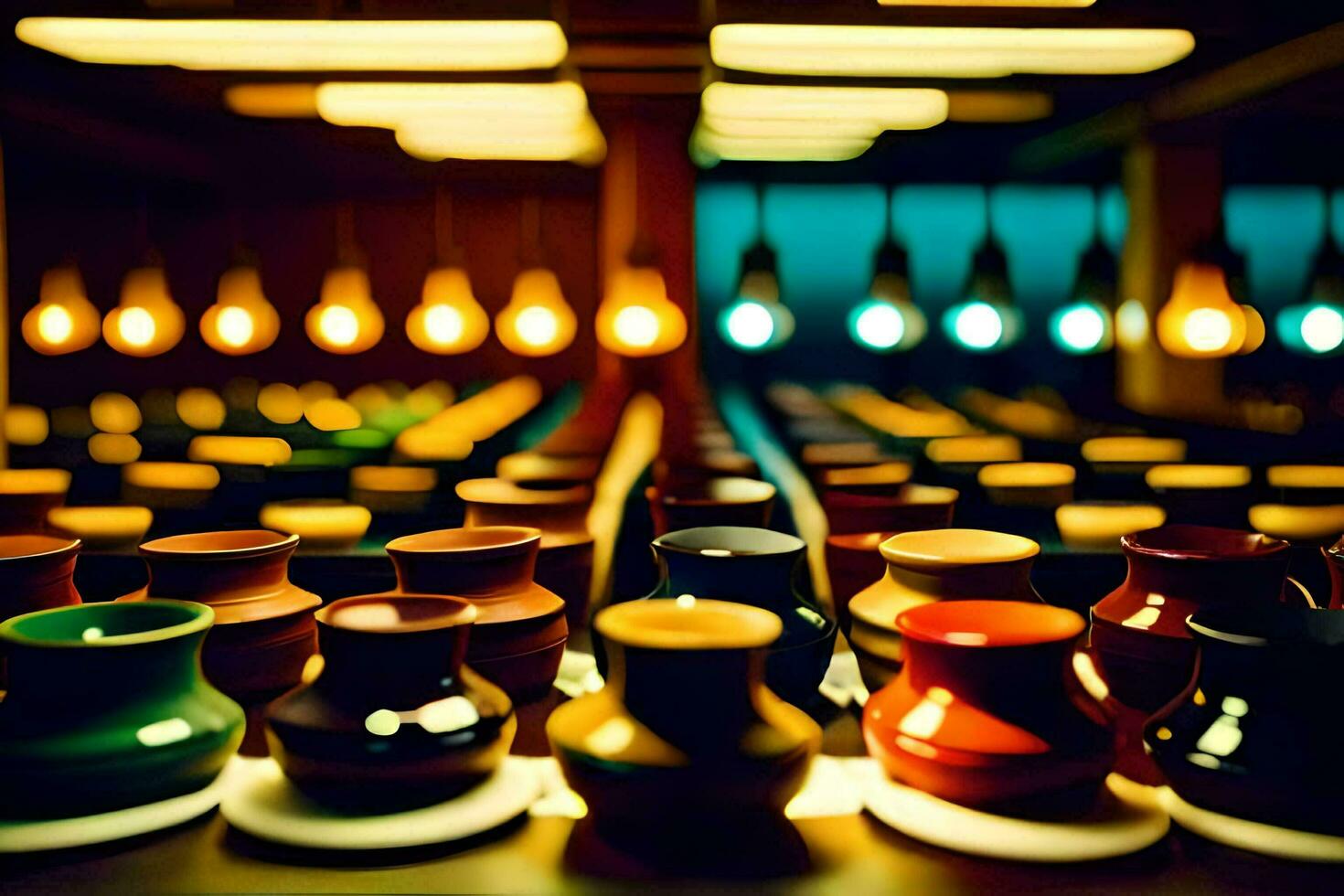 a row of vases filled with colorful lights. AI-Generated photo