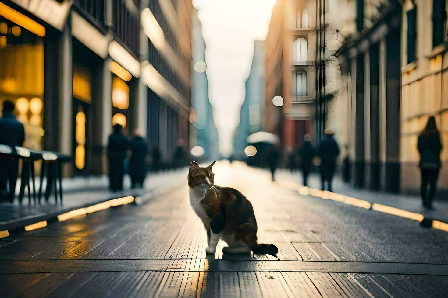 a cat is sitting on the street in a city. AI-Generated photo