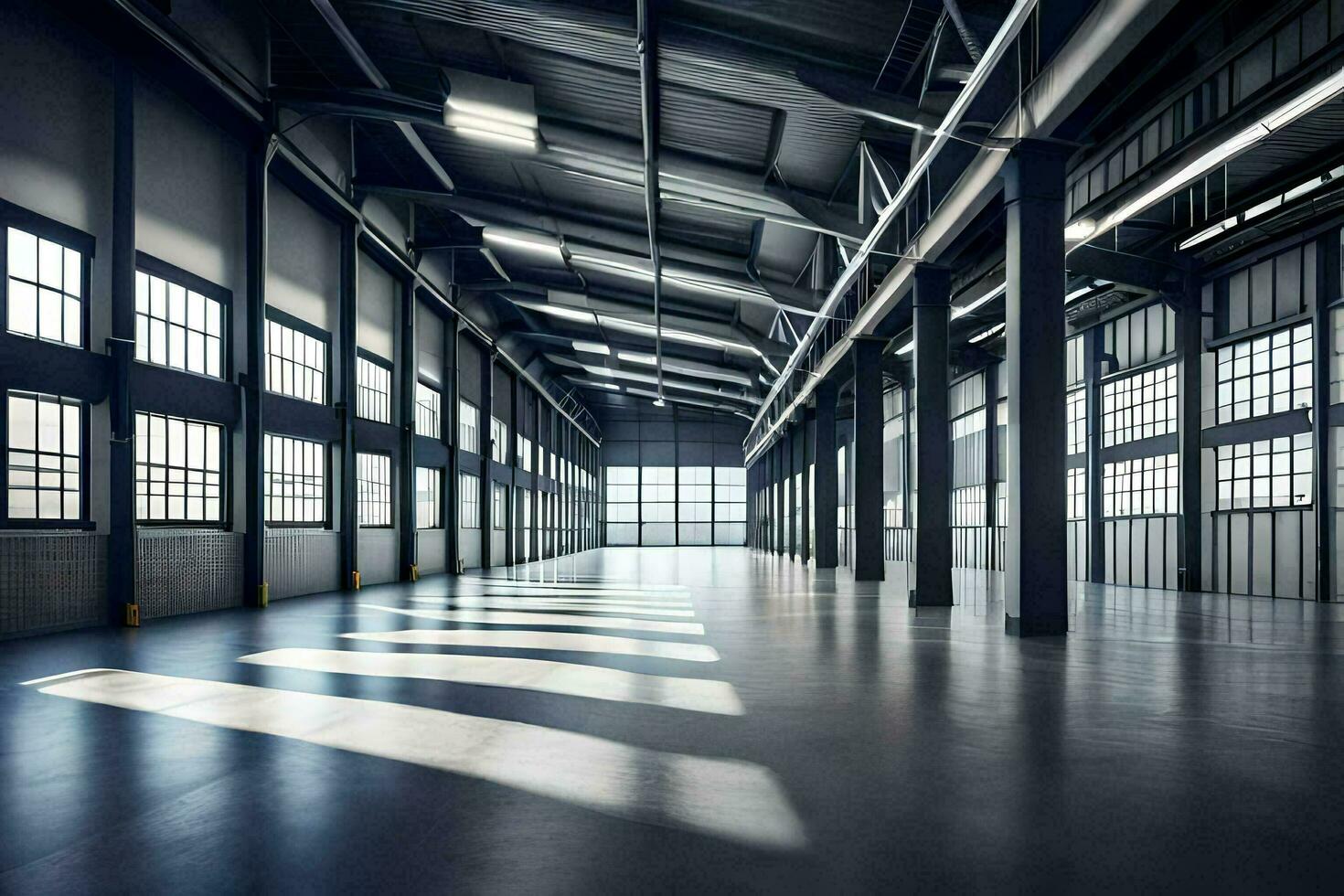 an empty warehouse with large windows and a lot of space. AI-Generated photo