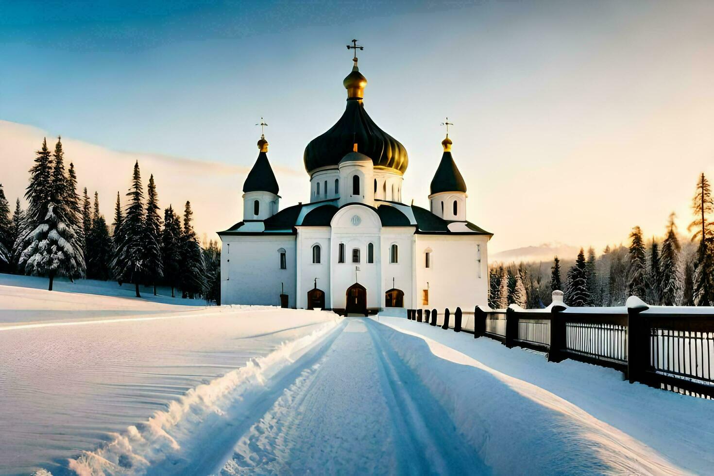 un Iglesia en el nieve con arboles y arboles generado por ai foto