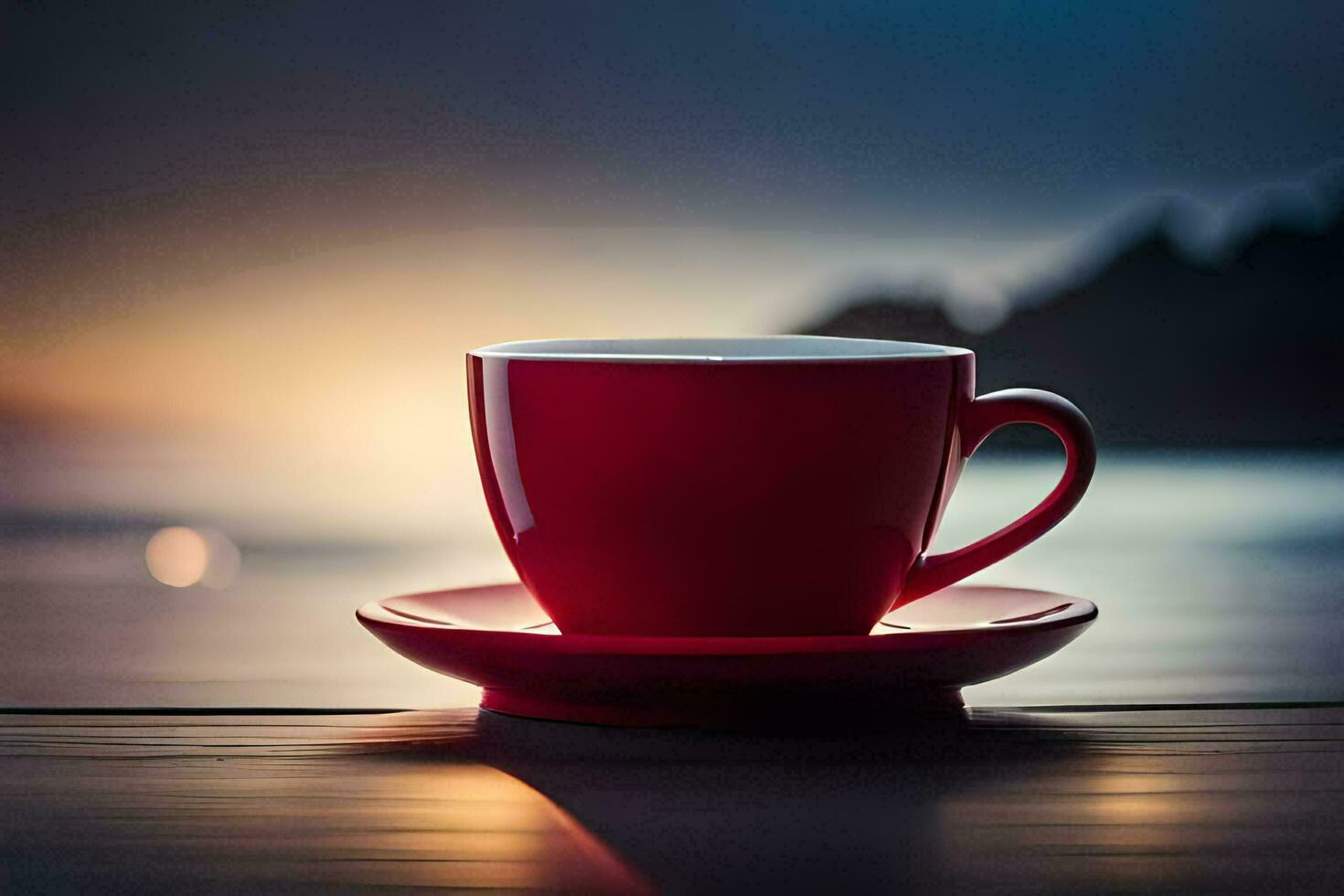 a red cup sits on a table in front of the ocean. AI-Generated photo