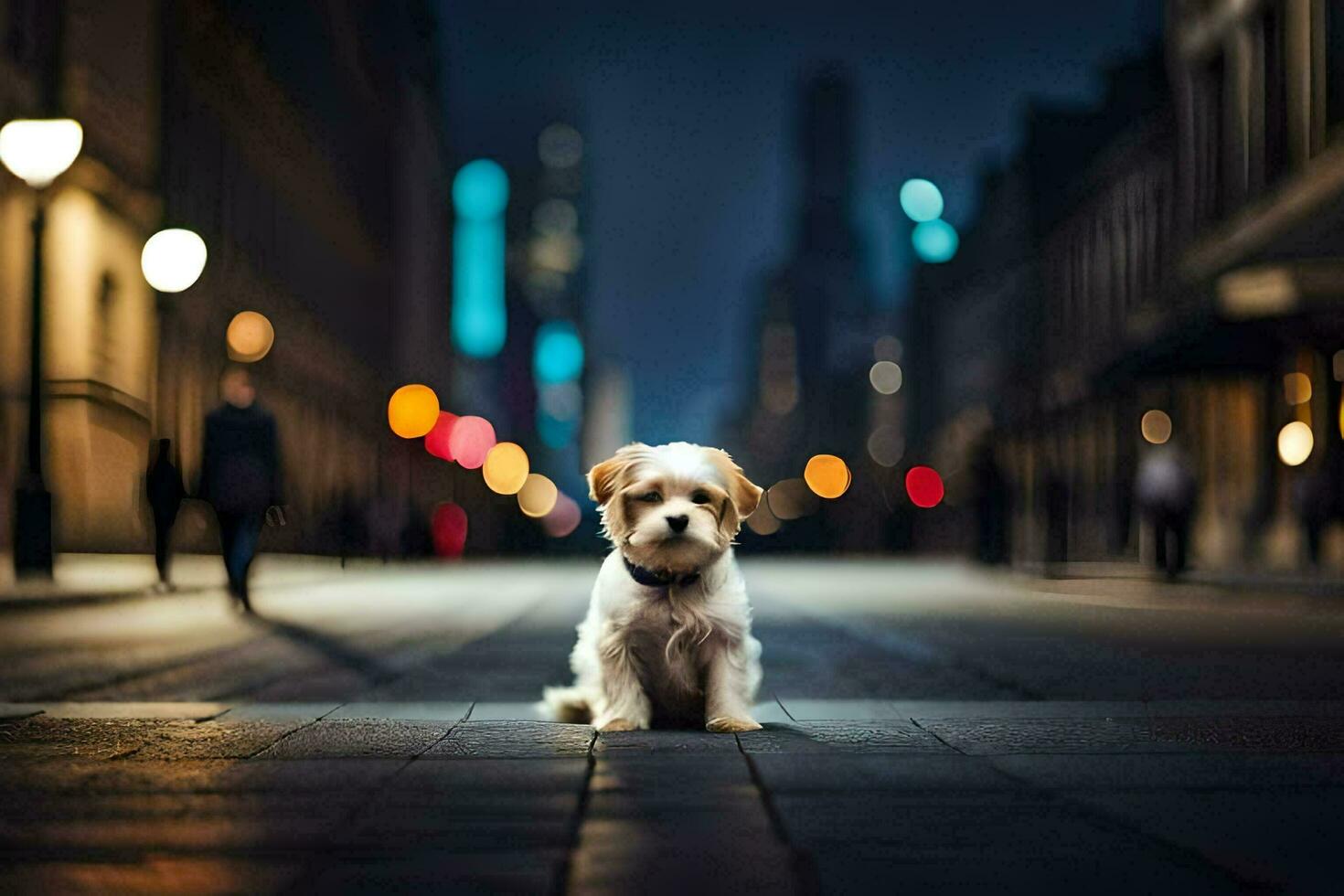 a small dog sitting on the street at night. AI-Generated photo