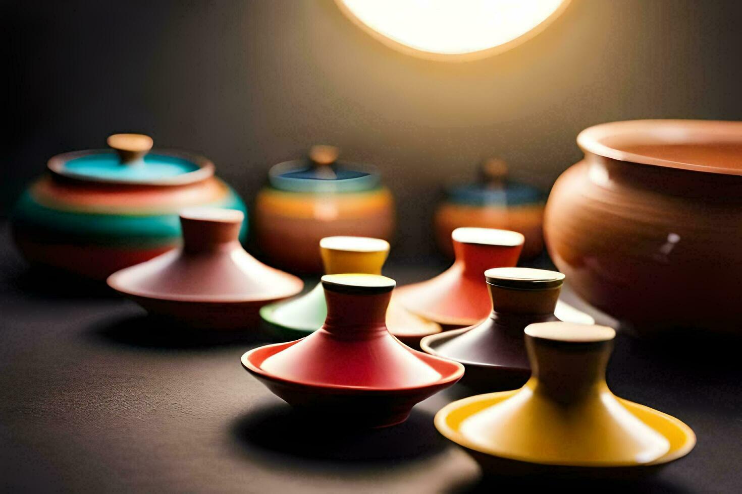 colorful pots and bowls on a table. AI-Generated photo