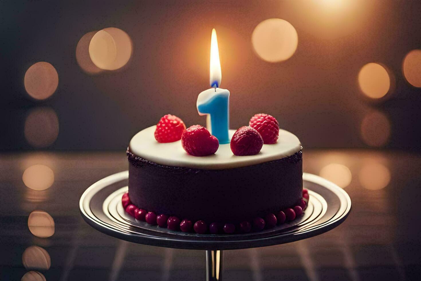 a chocolate birthday cake with a single candle. AI-Generated photo