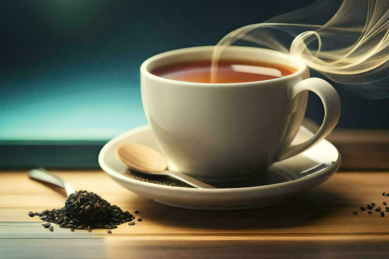 un taza de té con un cuchara. generado por ai foto