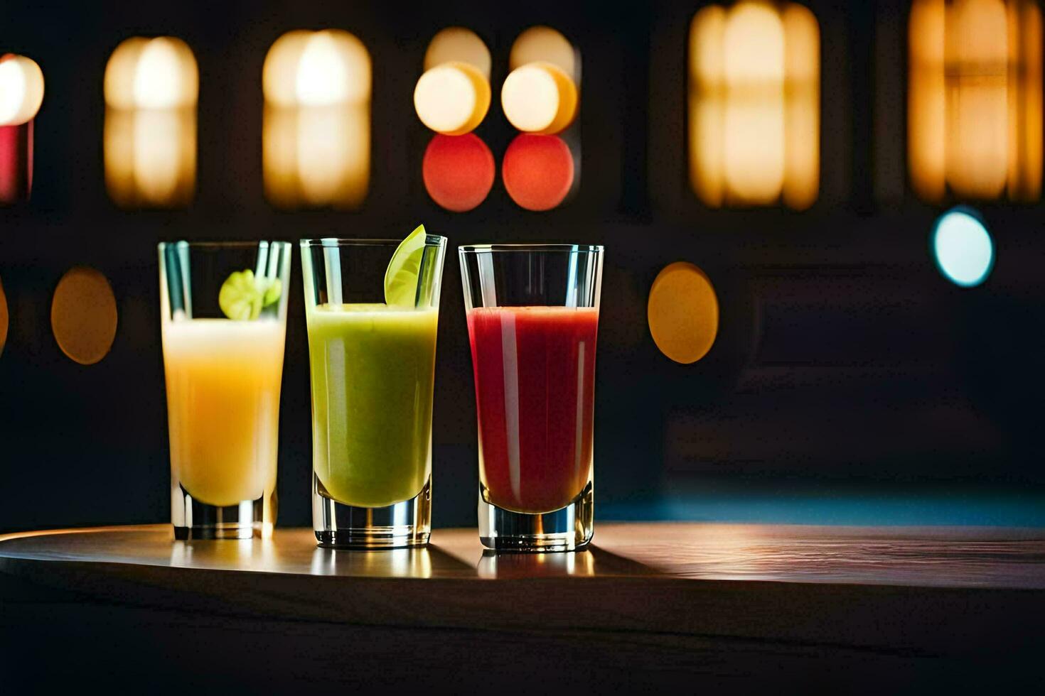 three glasses of juice on a table in front of a church. AI-Generated photo