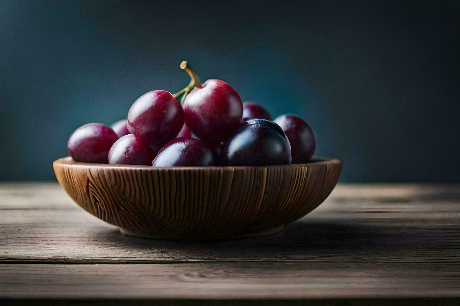 grapes in a wooden bowl on a dark wooden table. AI-Generated photo
