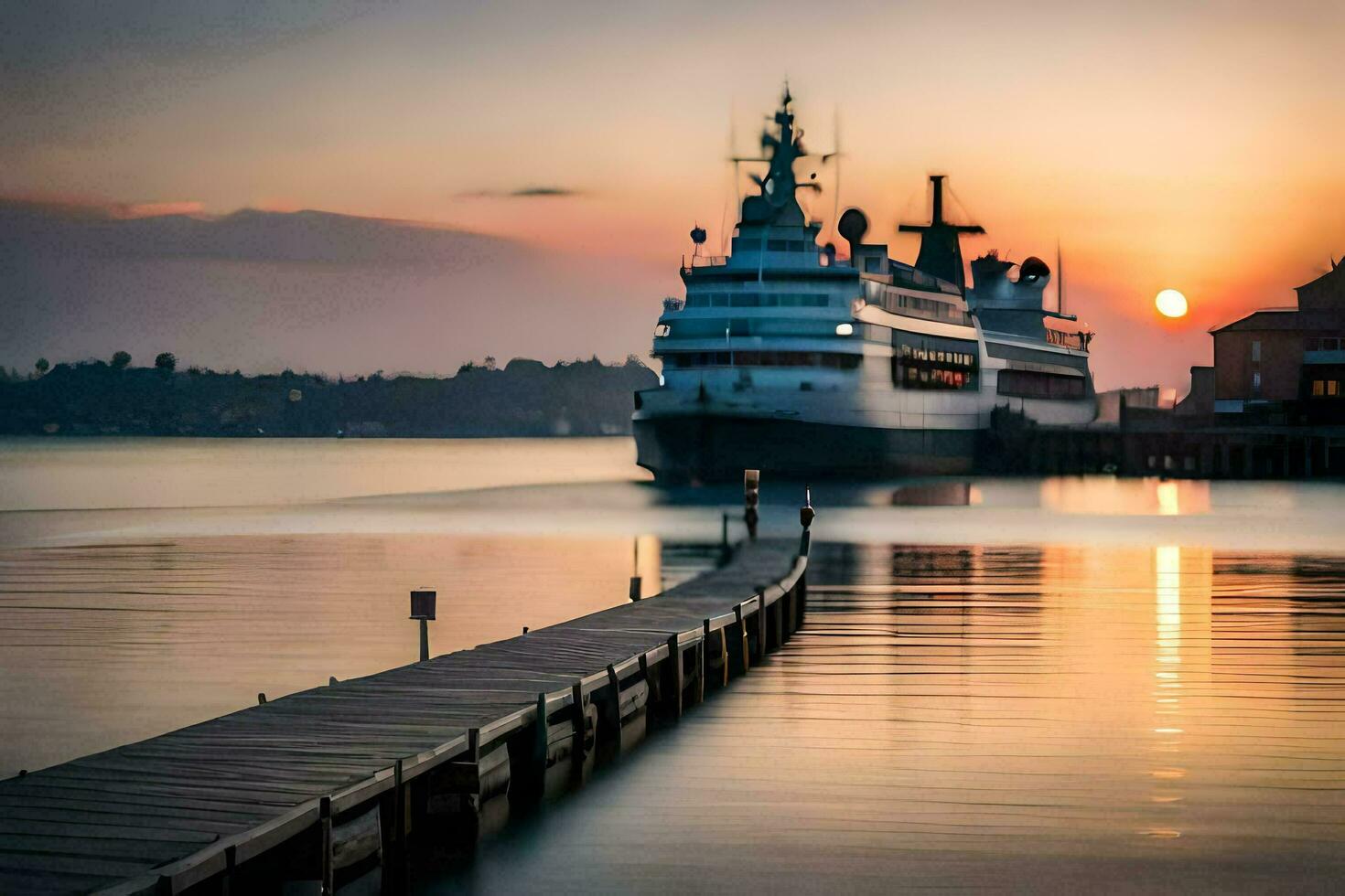 un crucero Embarcacion atracado a el muelle a puesta de sol. generado por ai foto