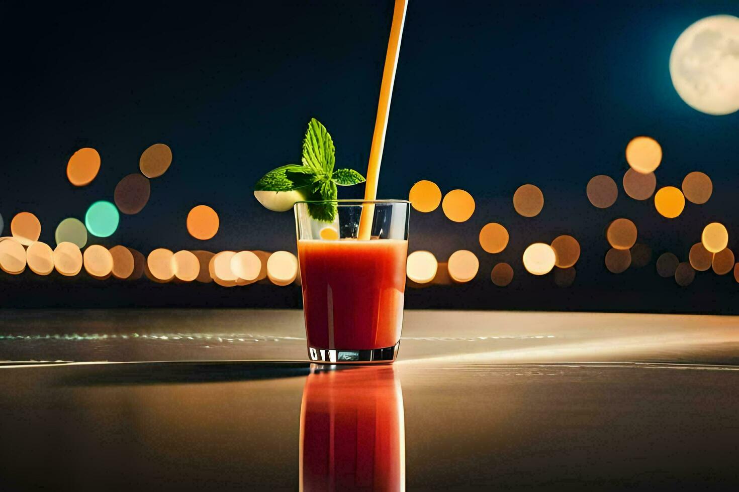 a glass of juice with a straw and a moon in the background. AI-Generated photo