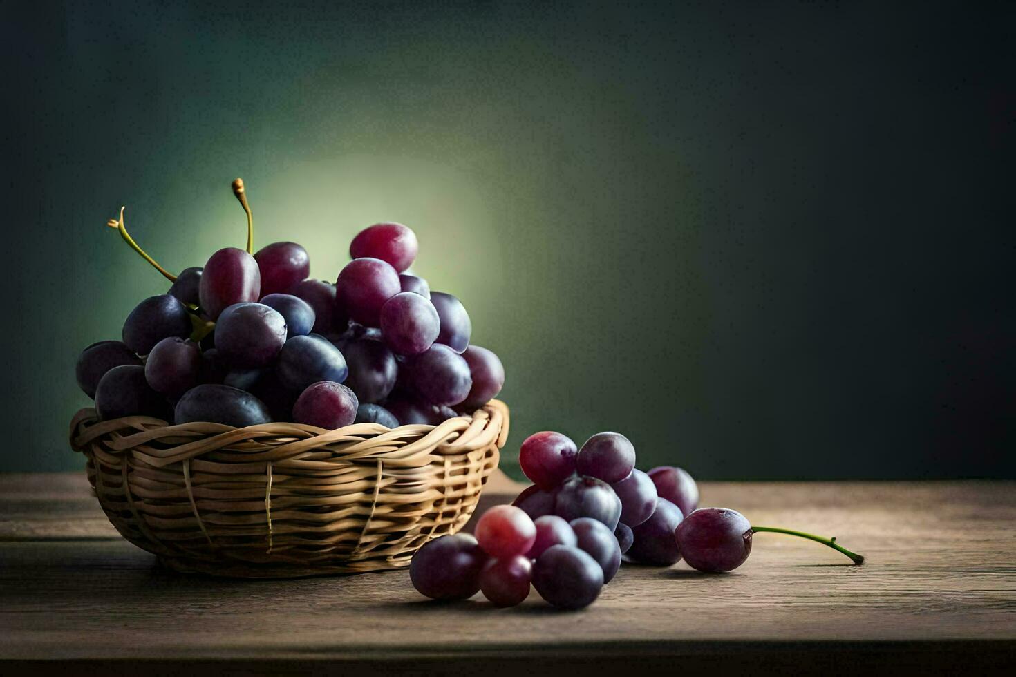 grapes in a basket on a wooden table. AI-Generated photo