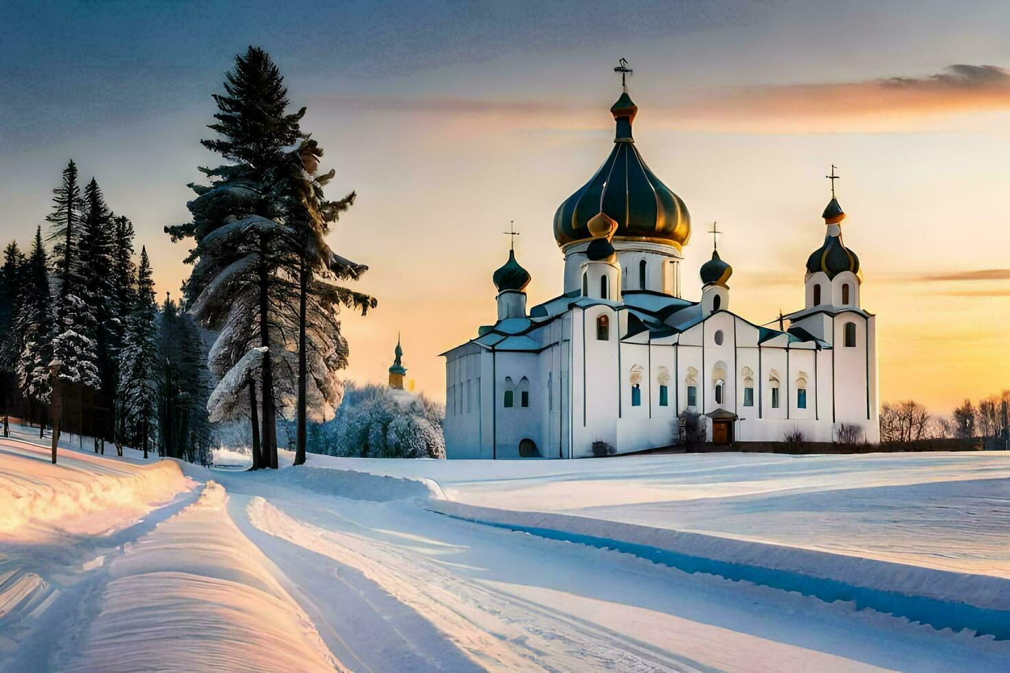 a church in the snow with trees and snow. AI-Generated photo