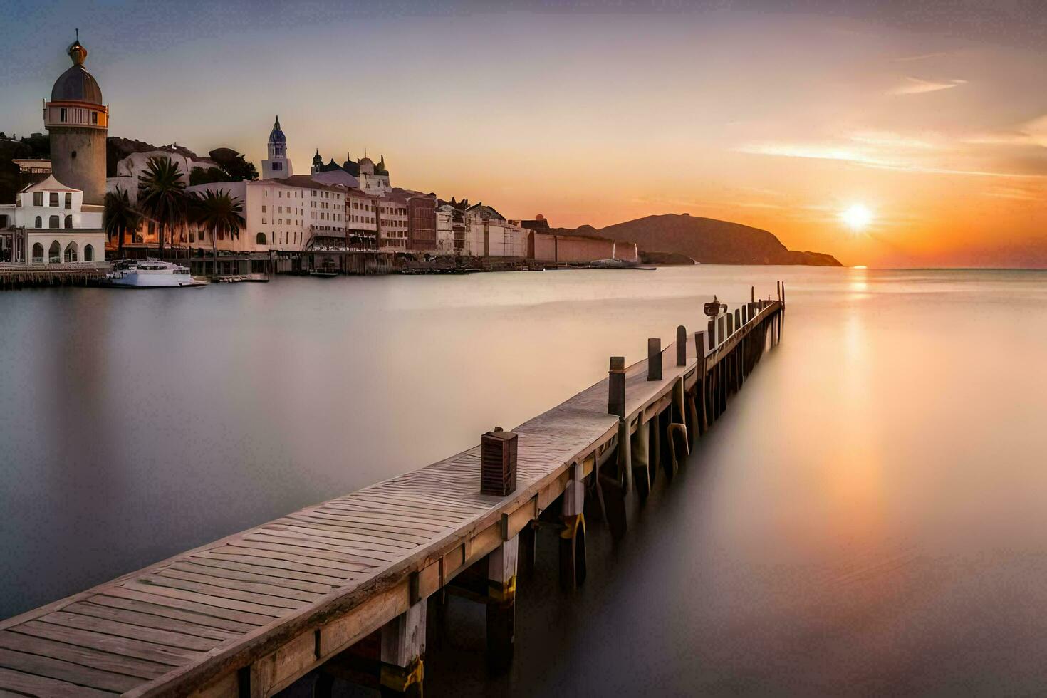 a pier with a long exposure of the sun setting over a town. AI-Generated photo