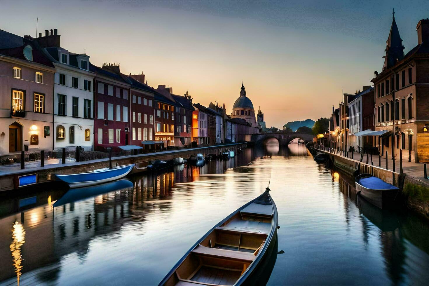 boats are docked in a canal at sunset. AI-Generated photo