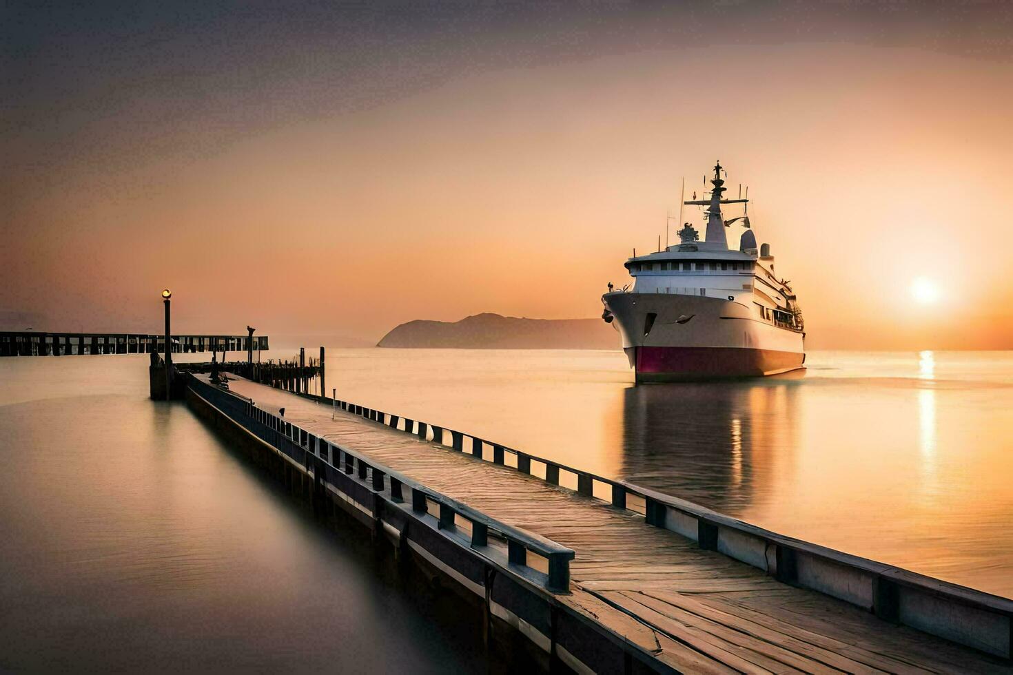 a boat docked at the end of a pier at sunset. AI-Generated photo