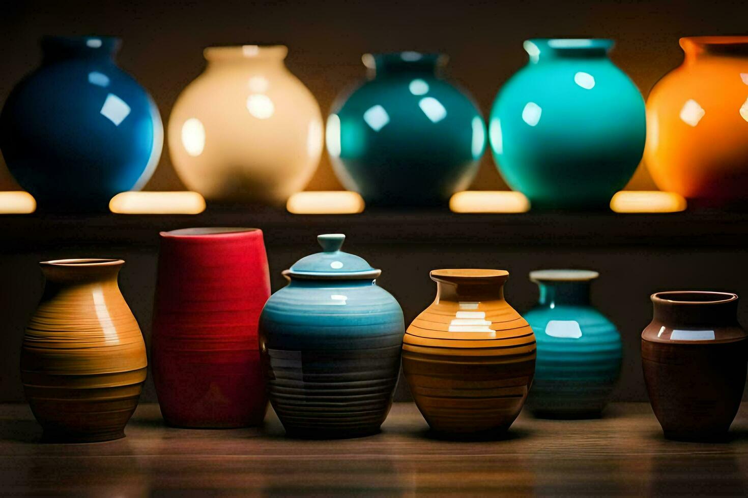 a row of colorful vases on a table. AI-Generated photo