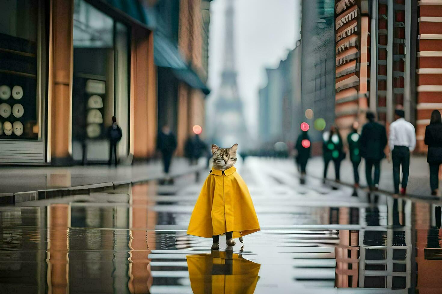 a fox in a yellow raincoat standing in the middle of a city street. AI-Generated photo