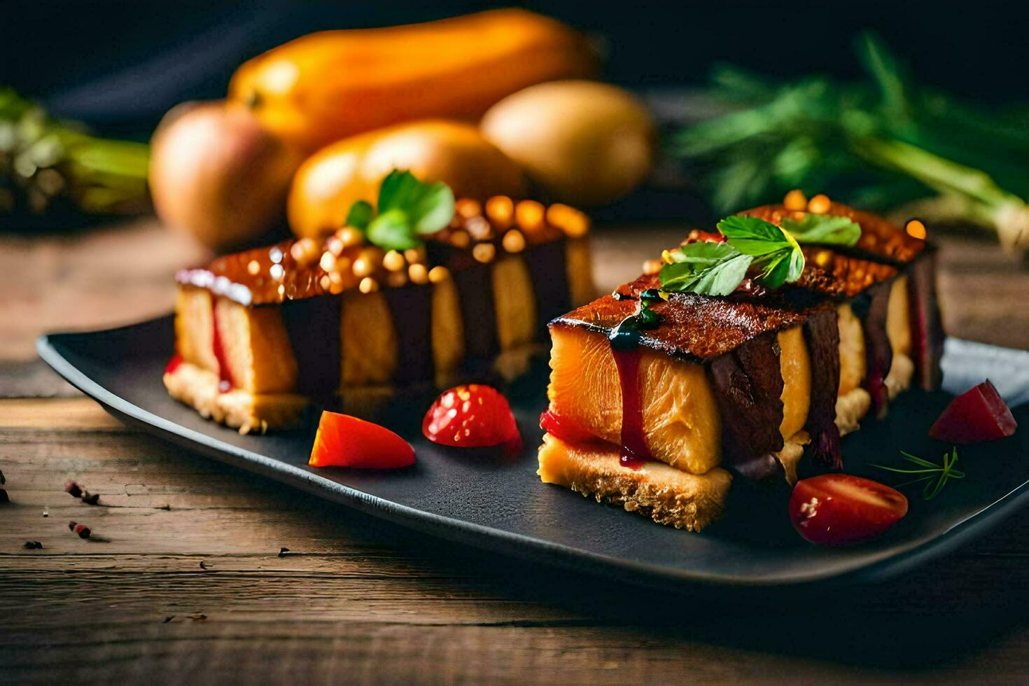 two pieces of cake on a black plate. AI-Generated photo