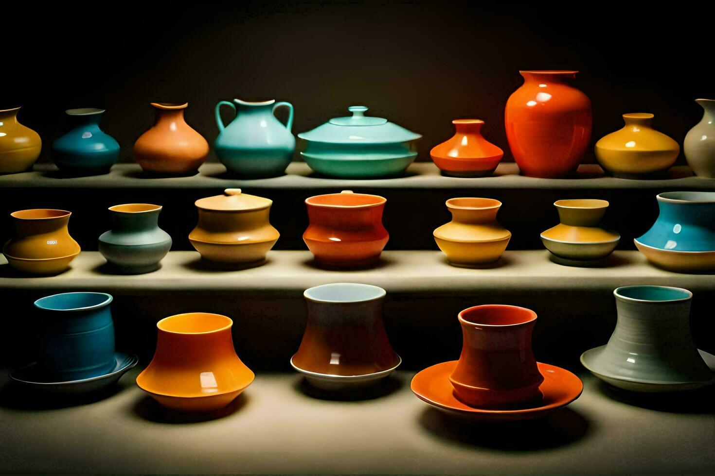 a collection of colorful vases on a shelf. AI-Generated photo