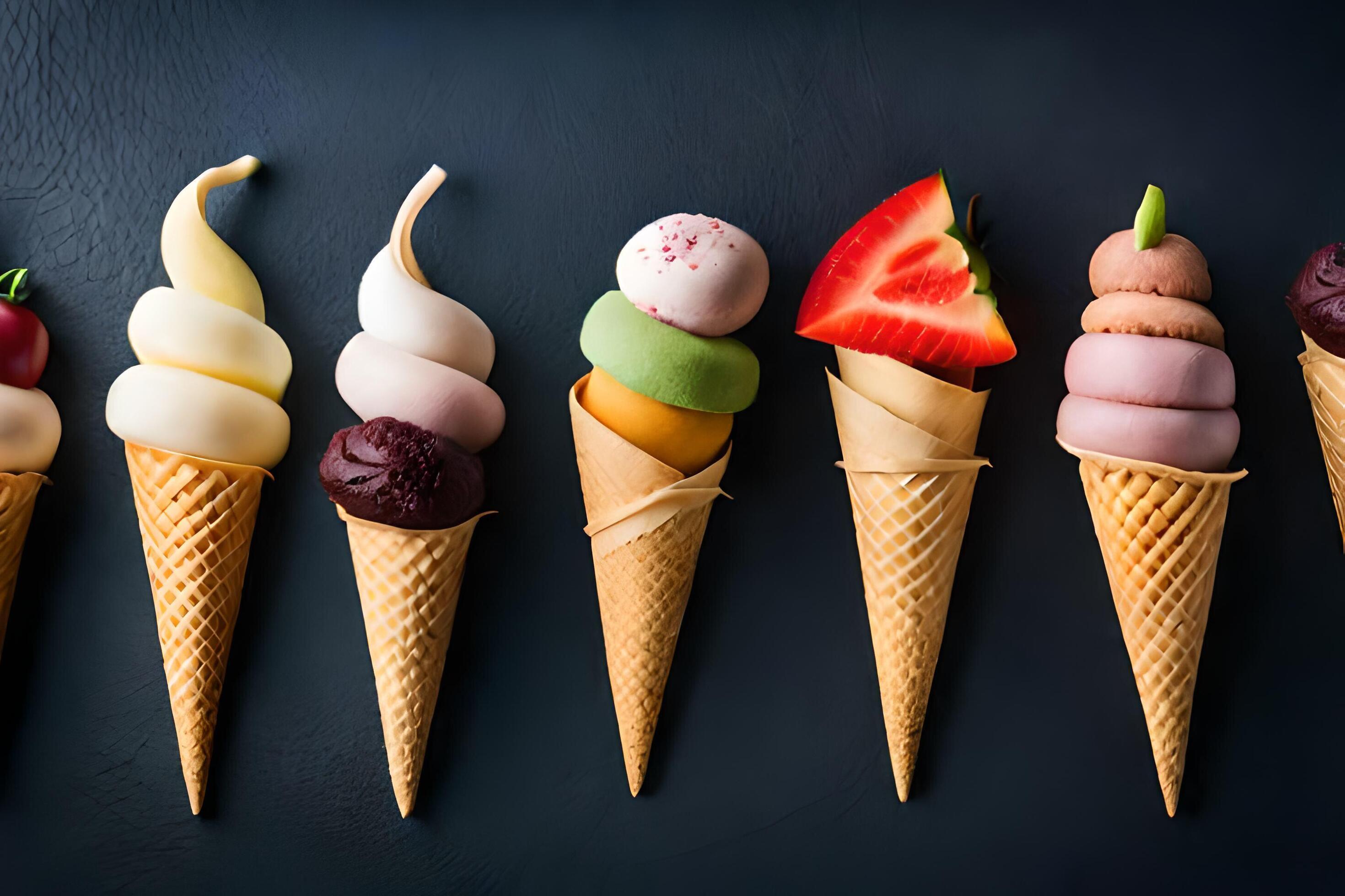 a row of ice cream cones with different types of desserts. AI-Generated