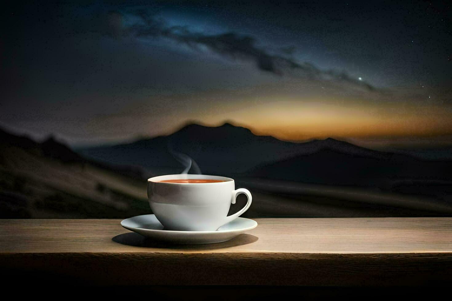 a cup of coffee on a table in front of a mountain view. AI-Generated photo