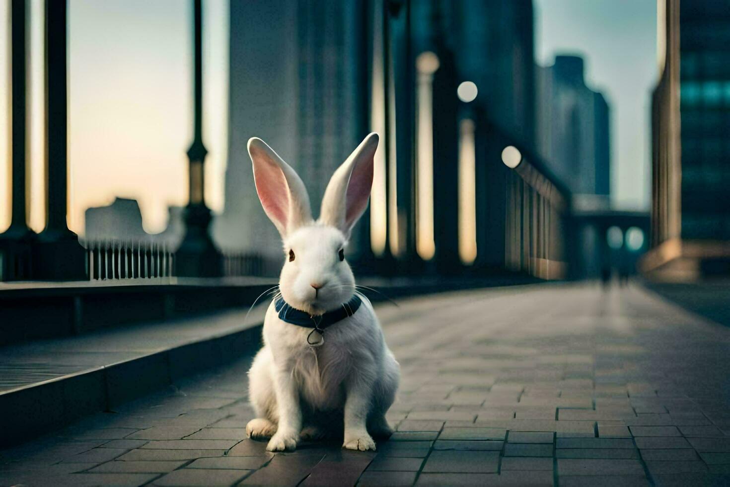 a white rabbit sitting on a sidewalk in front of a city. AI-Generated photo