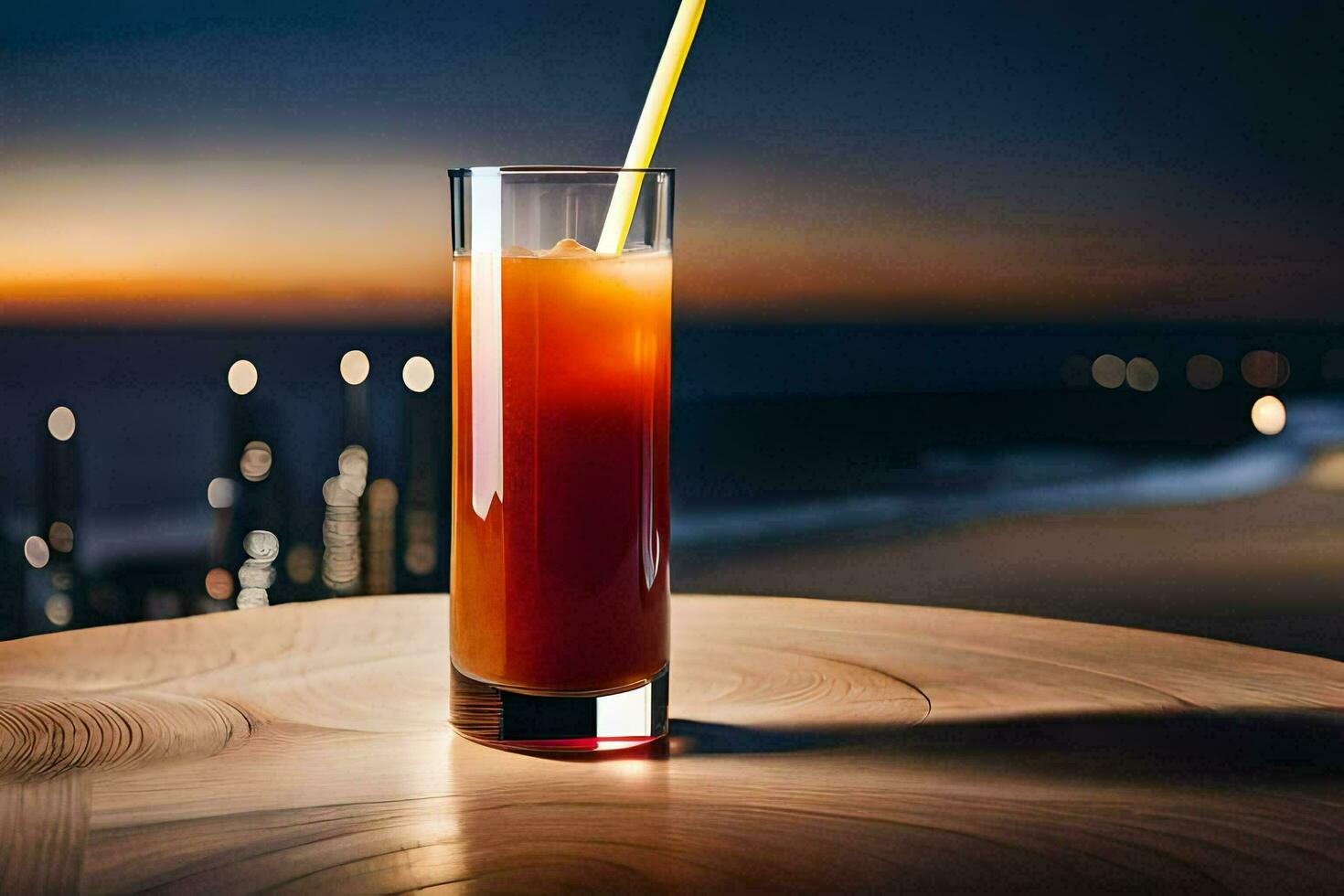 a glass of orange juice with a straw on a table. AI-Generated photo