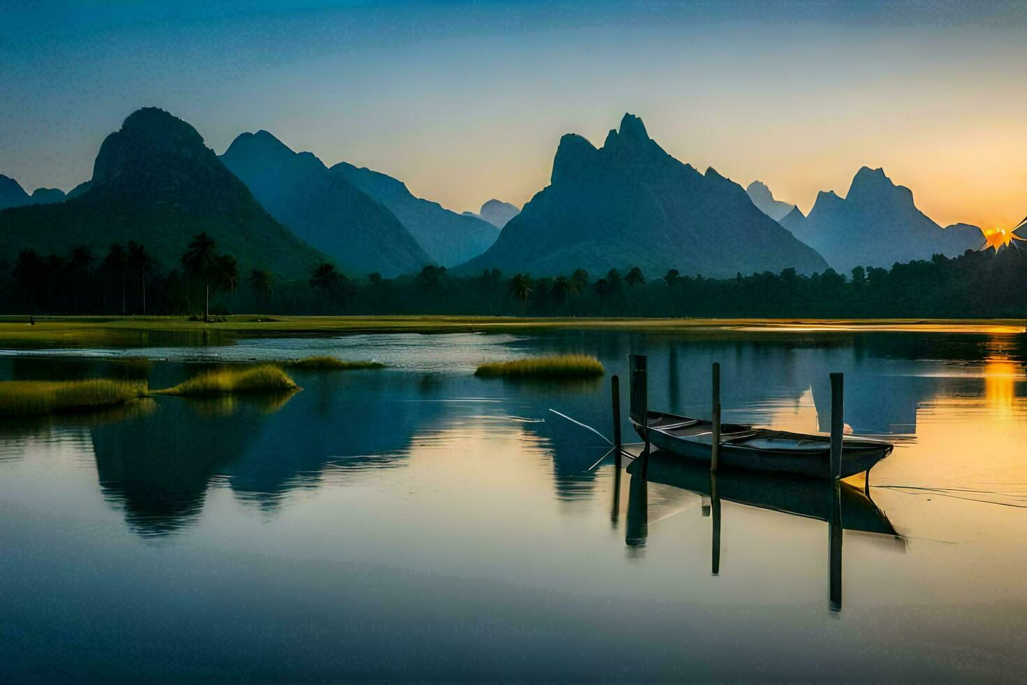 a boat sits on the water in front of mountains. AI-Generated photo