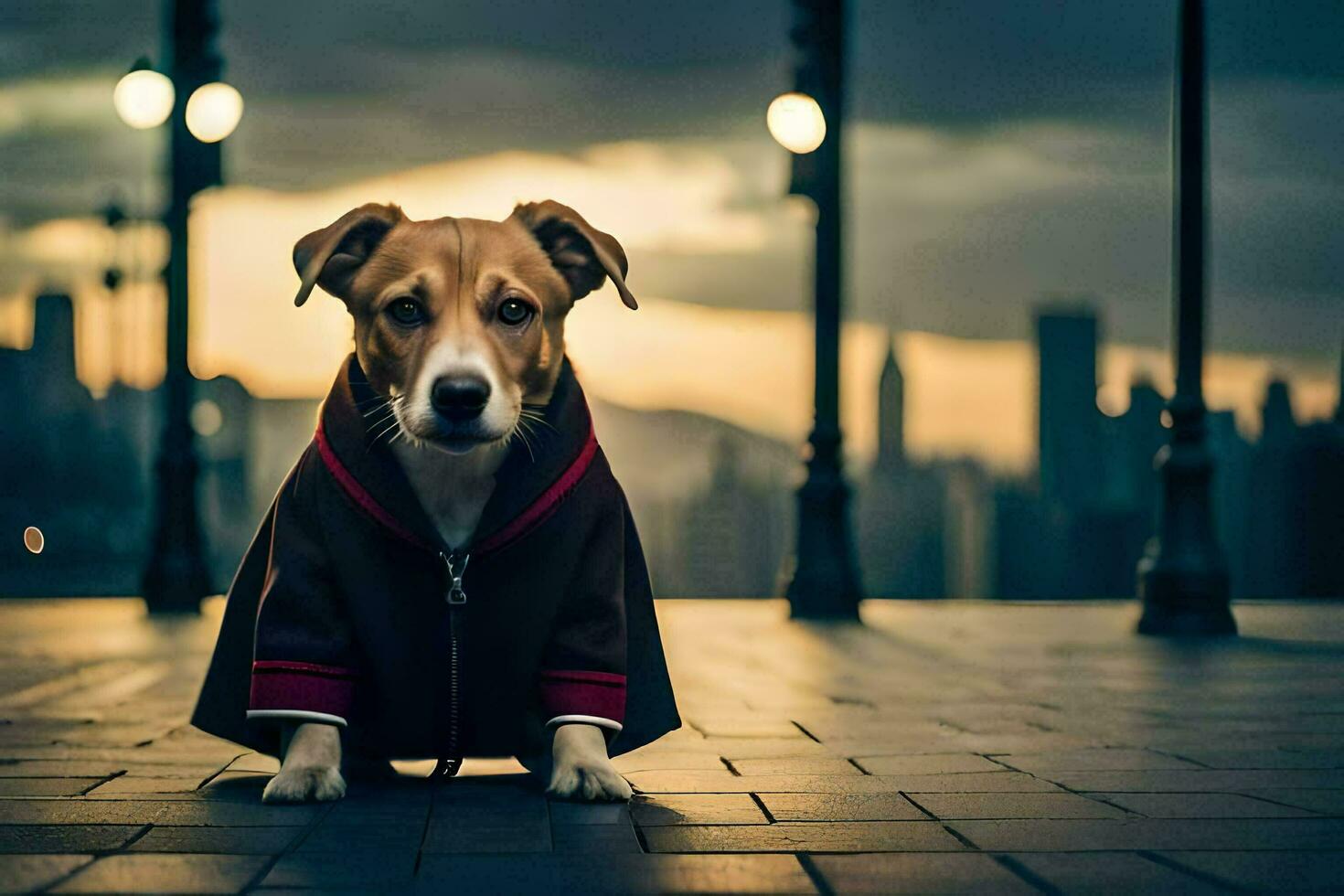 a dog wearing a coat and standing on a street. AI-Generated photo