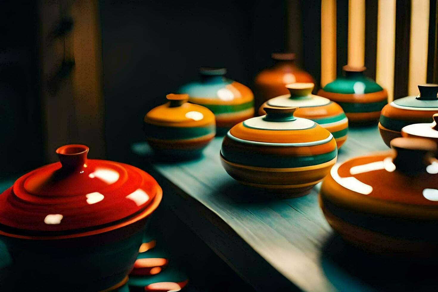 colorful vases on a shelf. AI-Generated photo